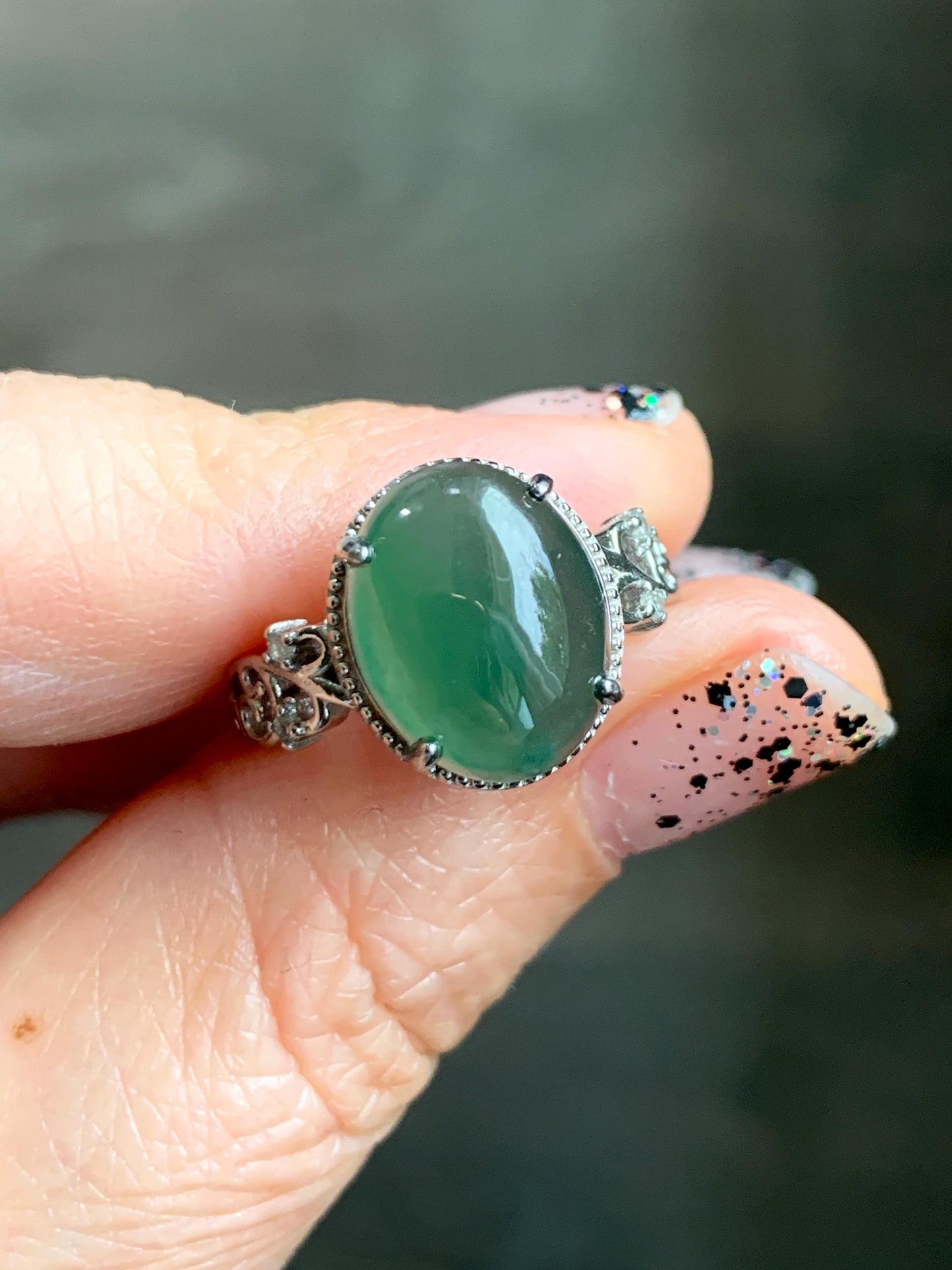 Natural Grade A Guatemalan Icy Translucent Dark Teal Green Oval Jade Jadeite Ring Sterling Silver Size Adjustable 天然冰危深蓝绿翡翠银镶戒指 WSL132