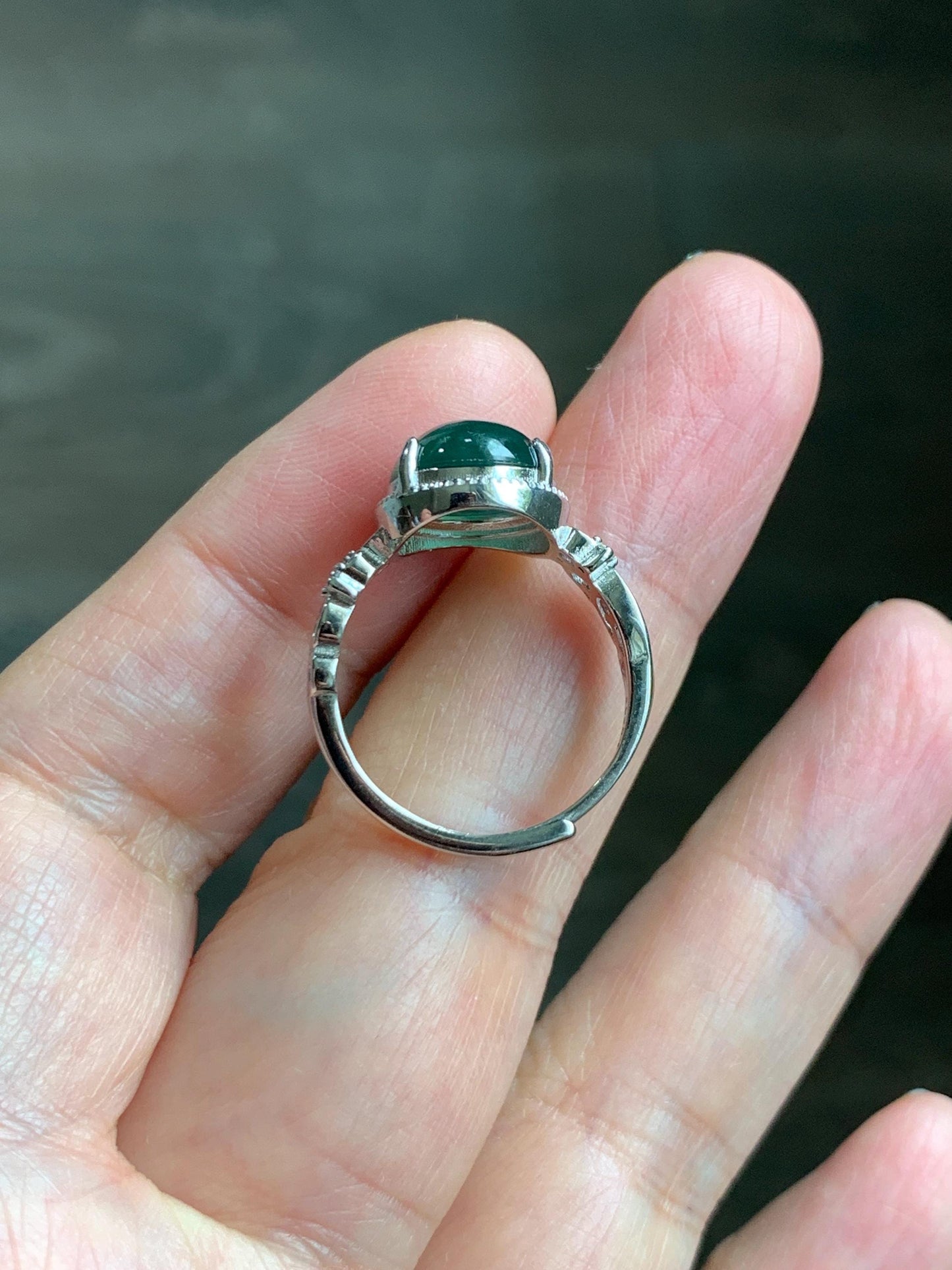 Natural Grade A Guatemalan Icy Translucent Dark Teal Green Oval Jade Jadeite Ring Sterling Silver Size Adjustable 天然冰危深蓝绿翡翠银镶戒指 WSL132