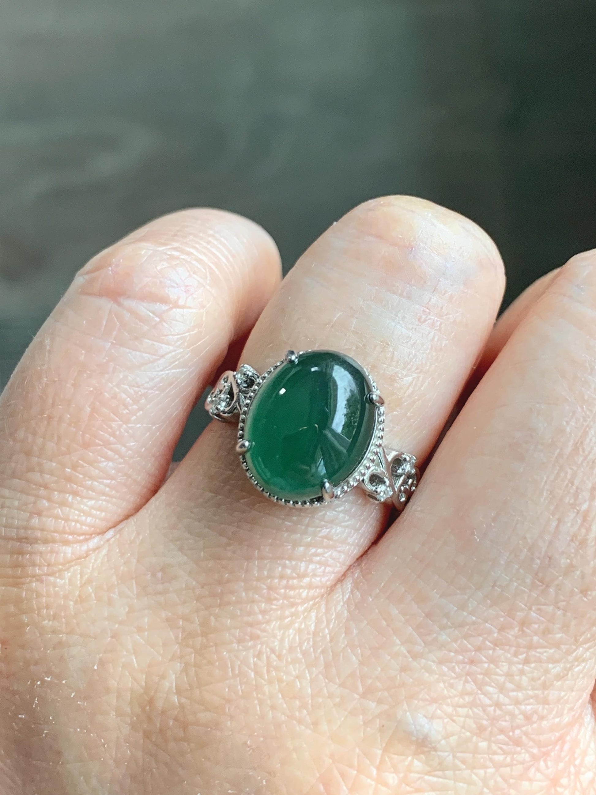 Natural Grade A Guatemalan Icy Translucent Dark Teal Green Oval Jade Jadeite Ring Sterling Silver Size Adjustable 天然冰危深蓝绿翡翠银镶戒指 WSL132
