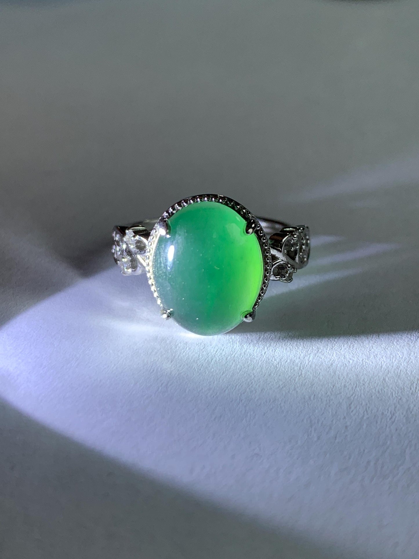 Natural Grade A Guatemalan Icy Translucent Dark Teal Green Oval Jade Jadeite Ring Sterling Silver Size Adjustable 天然冰危深蓝绿翡翠银镶戒指 WSL132