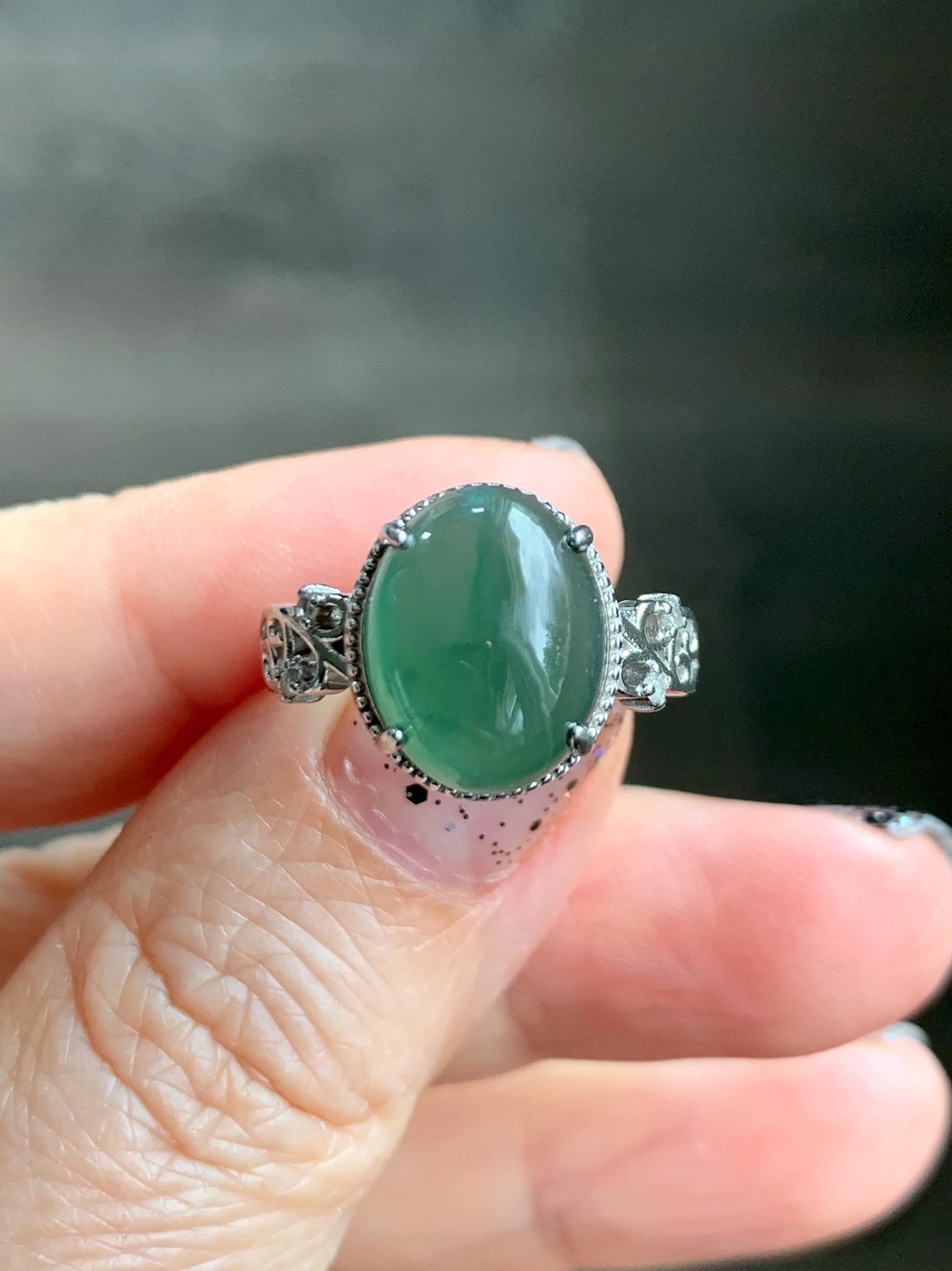 Natural Grade A Guatemalan Icy Translucent Dark Teal Green Oval Jade Jadeite Ring Sterling Silver Size Adjustable 天然冰危深蓝绿翡翠银镶戒指 WSL132