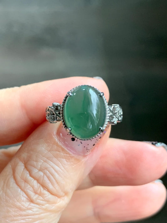 Natural Grade A Guatemalan Icy Translucent Dark Teal Green Oval Jade Jadeite Ring Sterling Silver Size Adjustable 天然冰危深蓝绿翡翠银镶戒指 WSL132