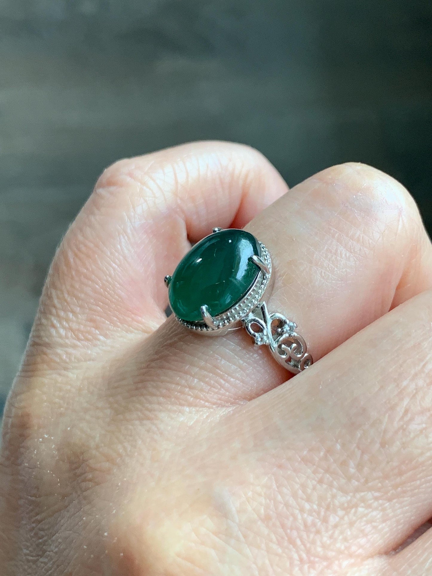 Natural Grade A Guatemalan Icy Translucent Dark Teal Green Oval Jade Jadeite Ring Sterling Silver Size Adjustable 天然冰危深蓝绿翡翠银镶戒指 WSL132