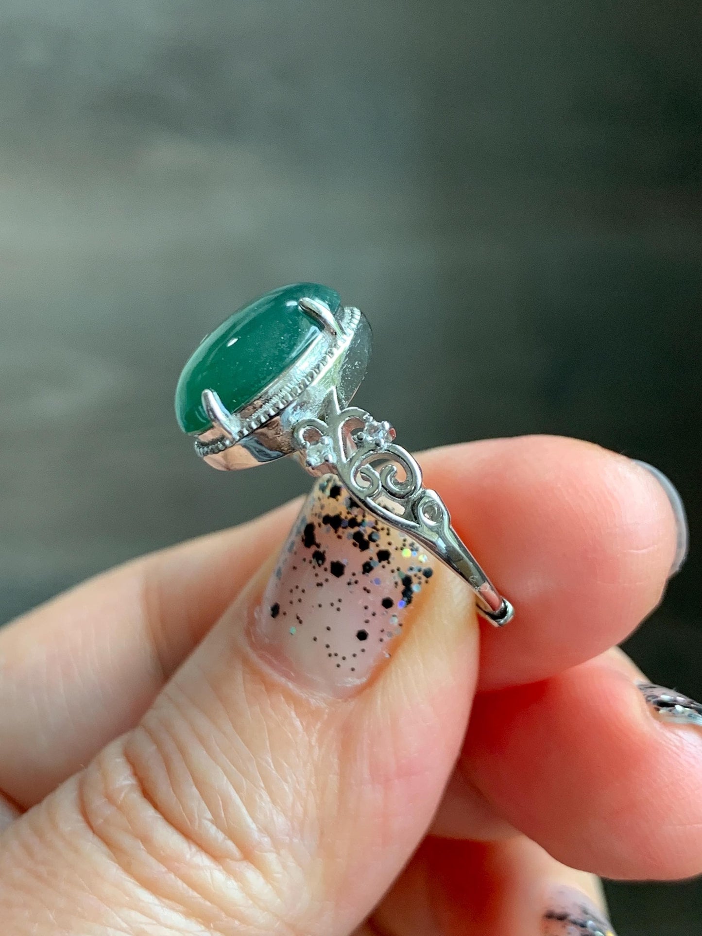 Natural Grade A Guatemalan Icy Translucent Dark Teal Green Oval Jade Jadeite Ring Sterling Silver Size Adjustable 天然冰危深蓝绿翡翠银镶戒指 WSL132