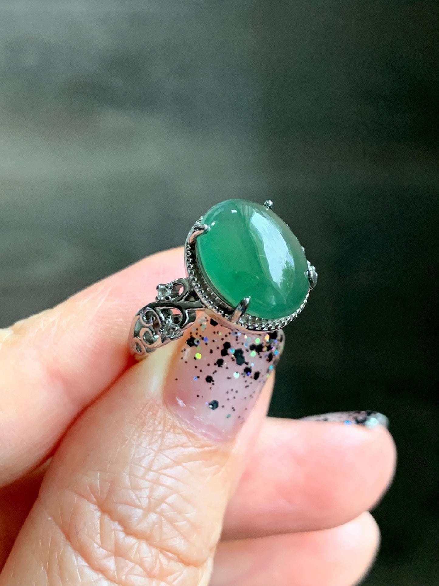 Natural Grade A Guatemalan Icy Translucent Dark Teal Green Oval Jade Jadeite Ring Sterling Silver Size Adjustable 天然冰危深蓝绿翡翠银镶戒指 WSL132