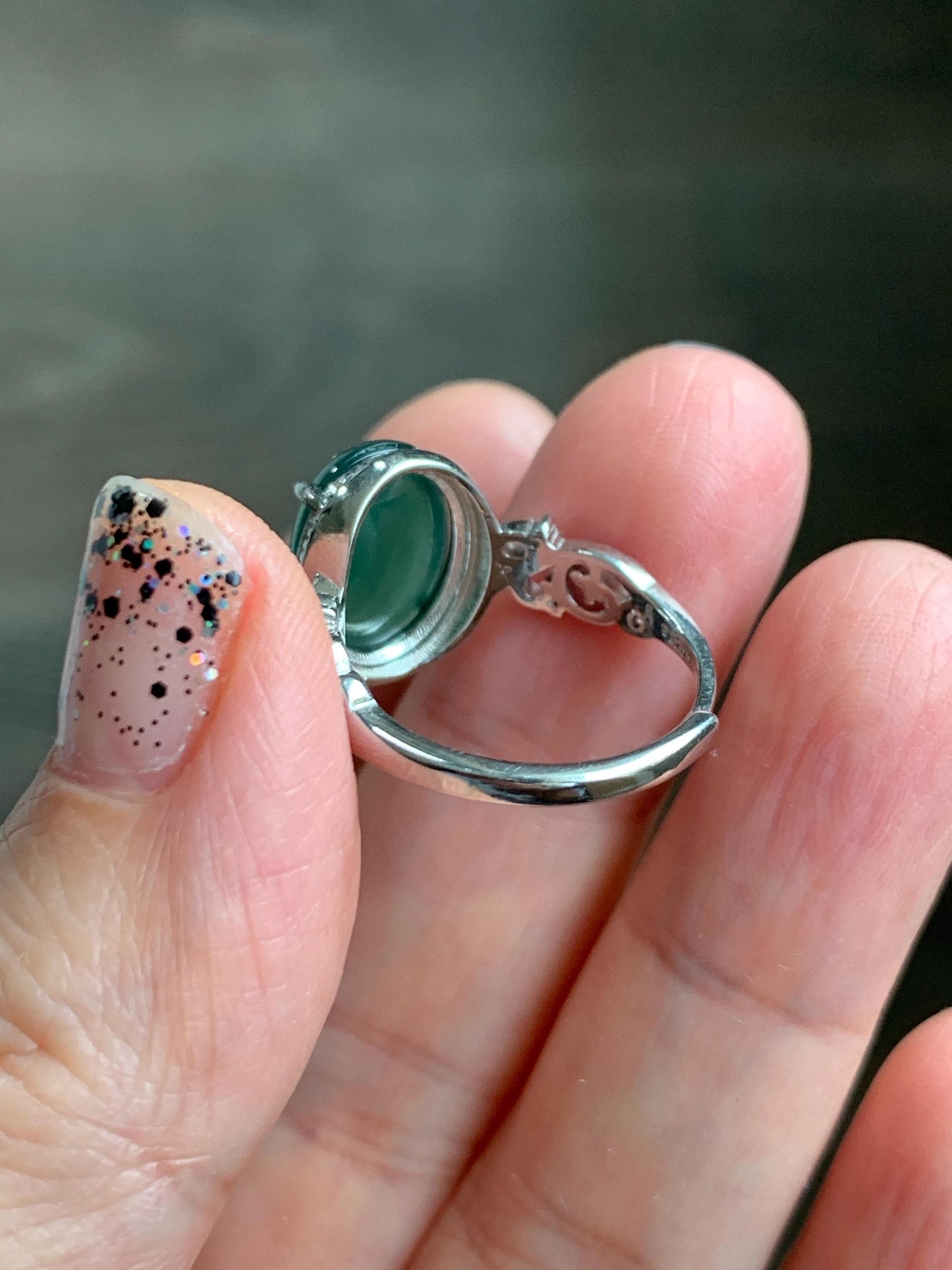 Natural Grade A Guatemalan Icy Translucent Dark Teal Green Oval Jade Jadeite Ring Sterling Silver Size Adjustable 天然冰危深蓝绿翡翠银镶戒指 WSL132