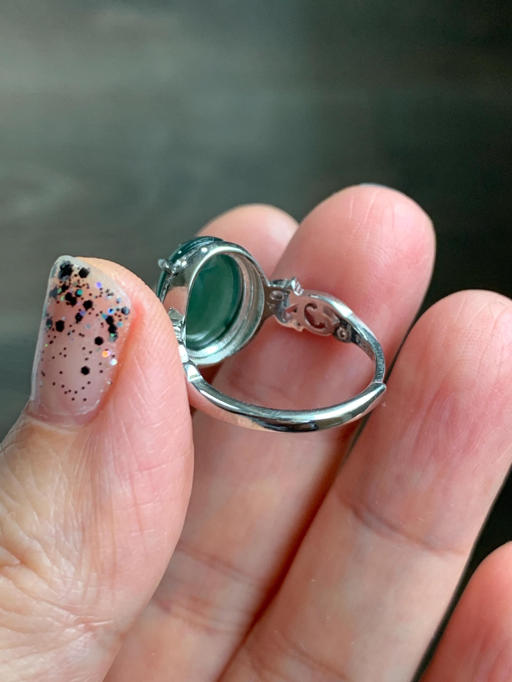 Natural Grade A Guatemalan Icy Translucent Dark Teal Green Oval Jade Jadeite Ring Sterling Silver Size Adjustable 天然冰危深蓝绿翡翠银镶戒指 WSL132