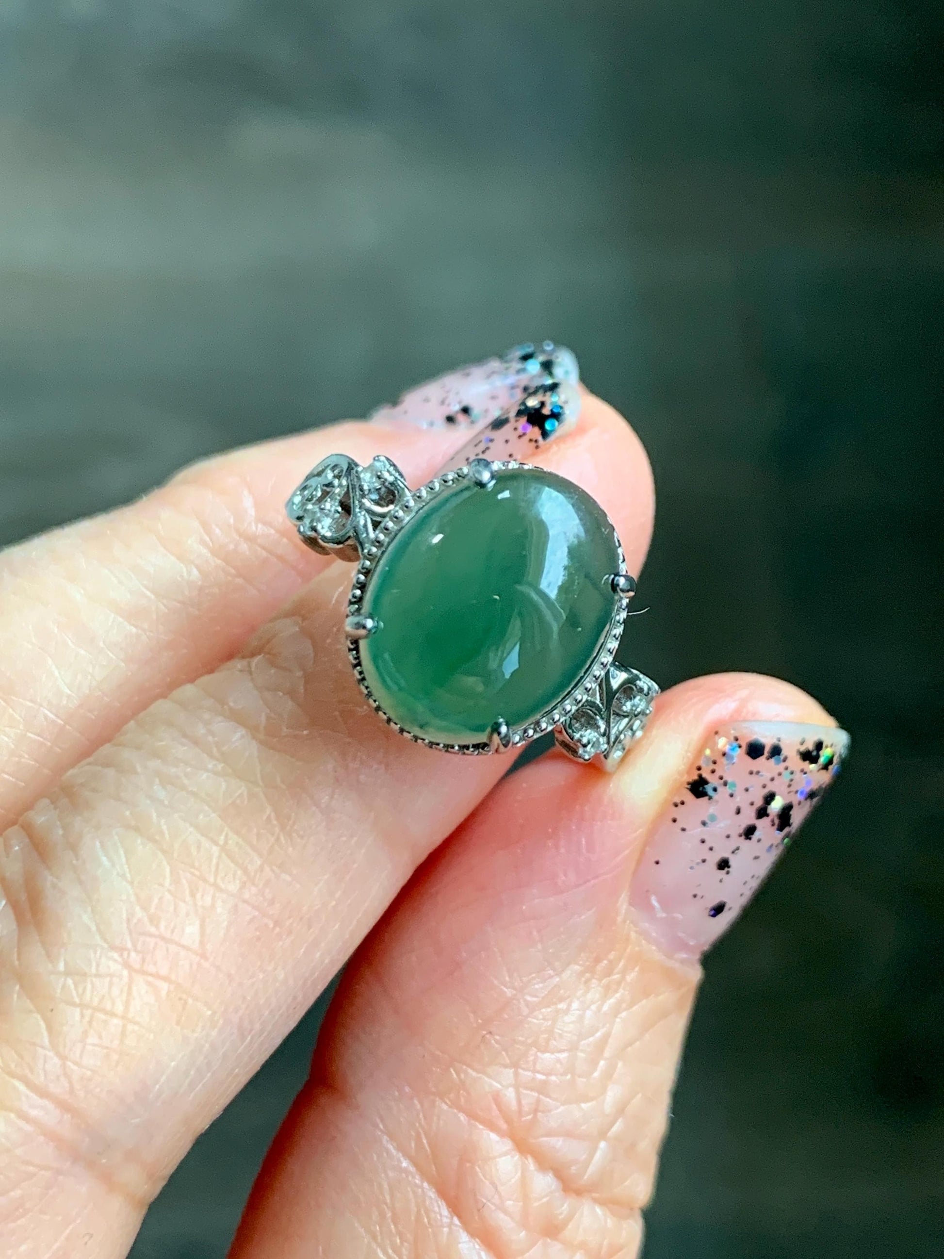 Natural Grade A Guatemalan Icy Translucent Dark Teal Green Oval Jade Jadeite Ring Sterling Silver Size Adjustable 天然冰危深蓝绿翡翠银镶戒指 WSL132