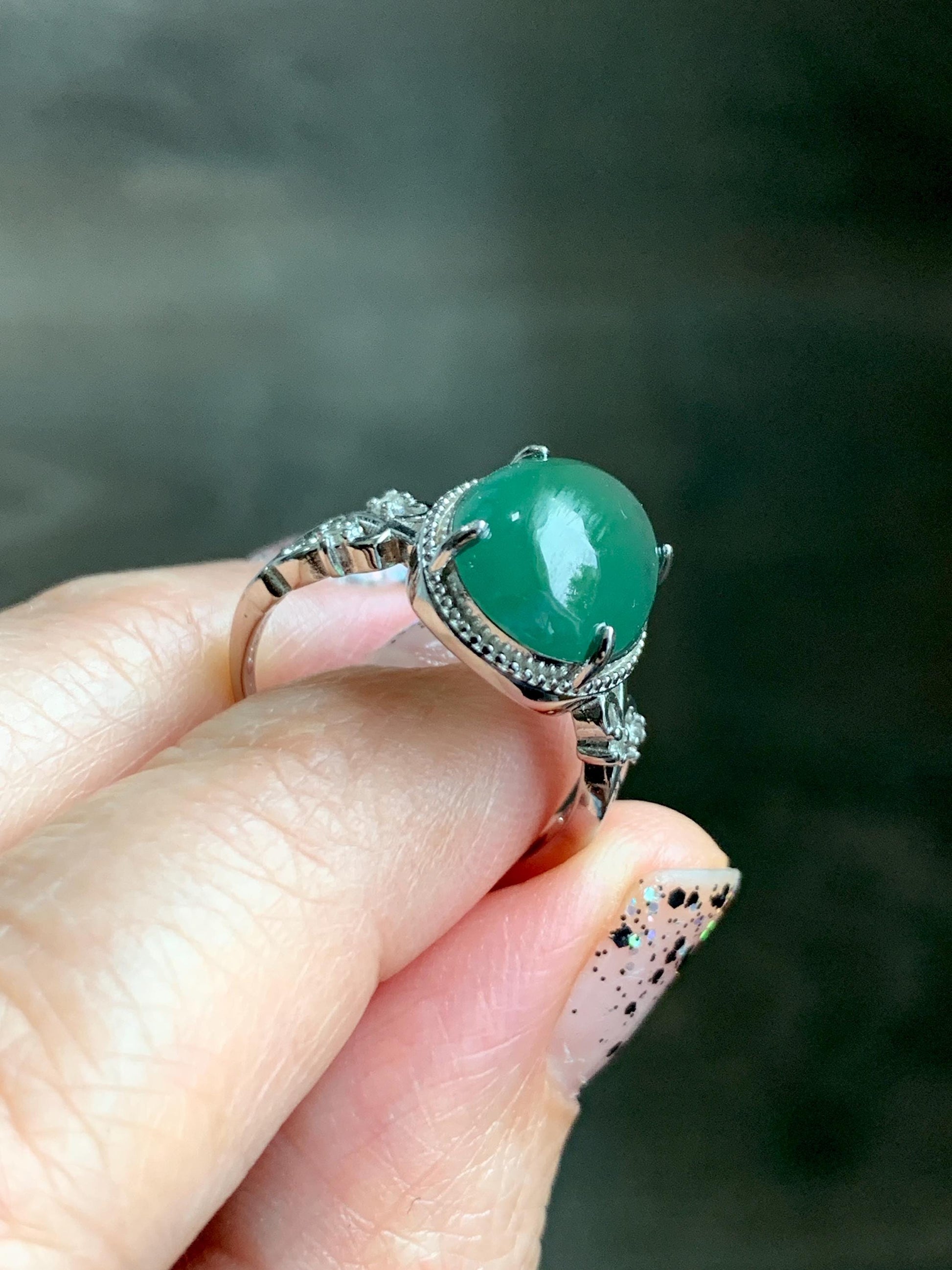 Natural Grade A Guatemalan Icy Translucent Dark Teal Green Oval Jade Jadeite Ring Sterling Silver Size Adjustable 天然冰危深蓝绿翡翠银镶戒指 WSL132