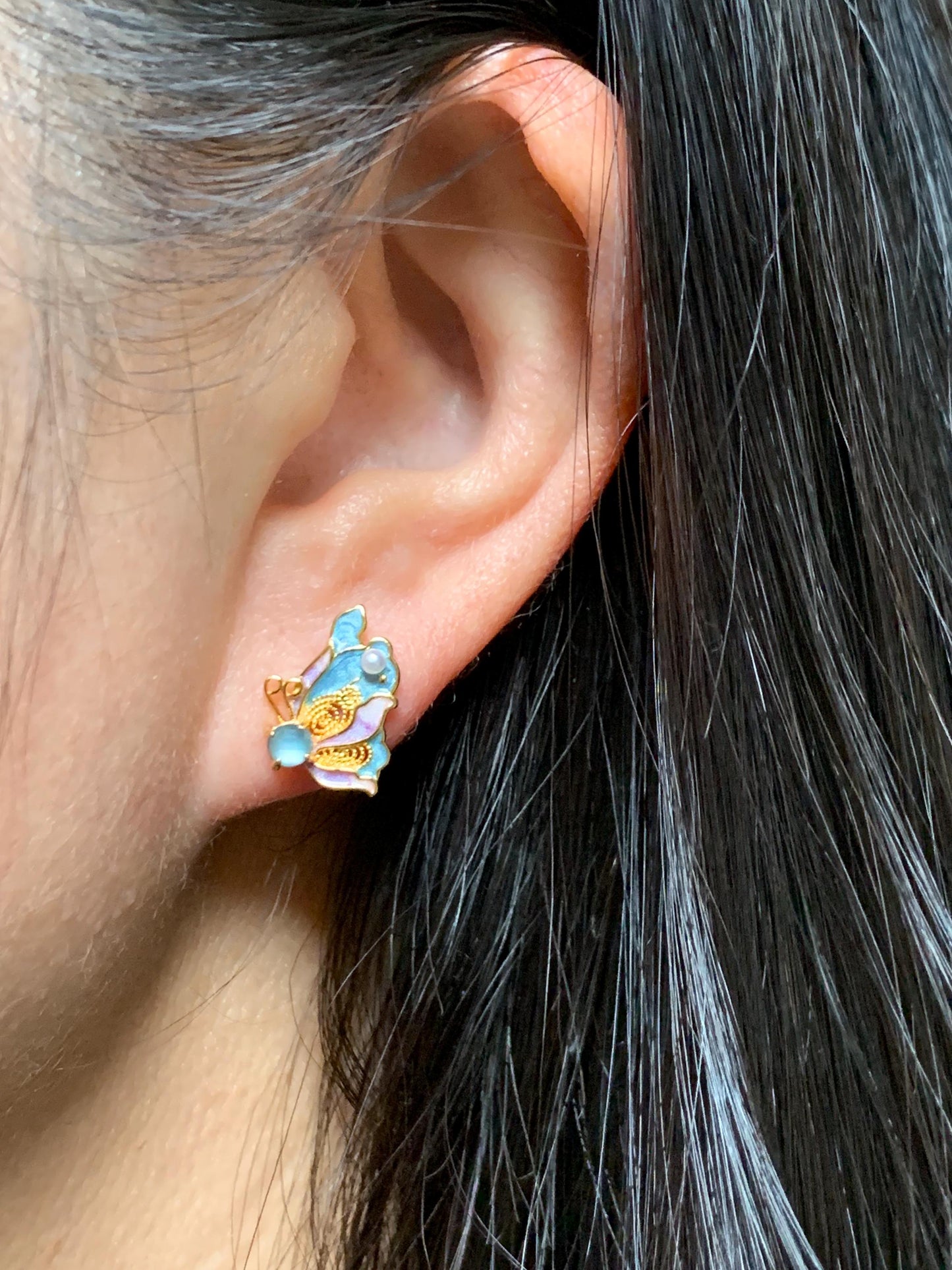 Natural Grade A Guatemalan Icy Translucent Light Blue Faceted Jade Jadeite Butterfly Enamel Earrings Sterling Silver 天然冰危蓝翡翠蝴蝶烤漆耳钉 WLQH132