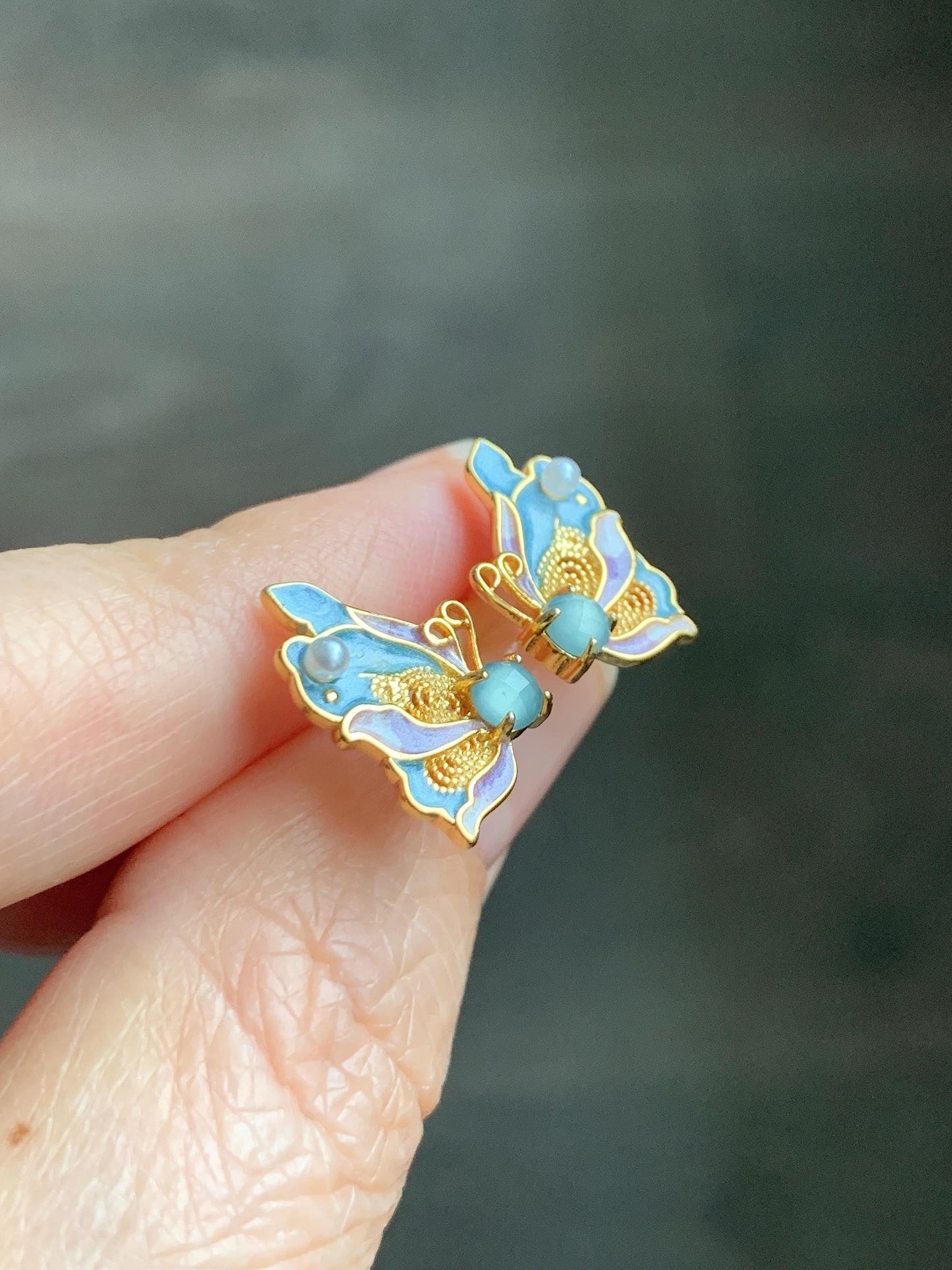 Natural Grade A Guatemalan Icy Translucent Light Blue Faceted Jade Jadeite Butterfly Enamel Earrings Sterling Silver 天然冰危蓝翡翠蝴蝶烤漆耳钉 WLQH132