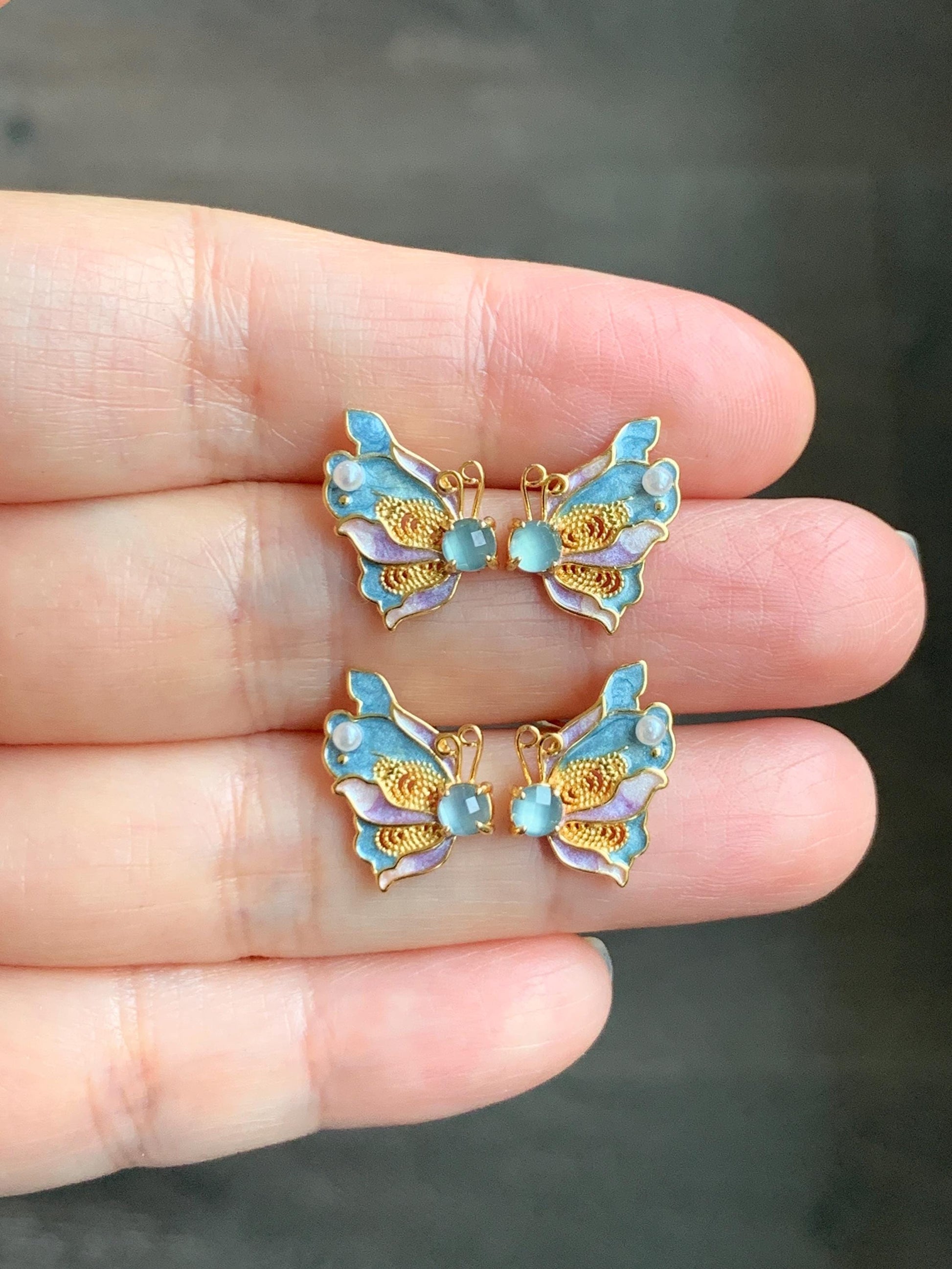 Natural Grade A Guatemalan Icy Translucent Light Blue Faceted Jade Jadeite Butterfly Enamel Earrings Sterling Silver 天然冰危蓝翡翠蝴蝶烤漆耳钉 WLQH132