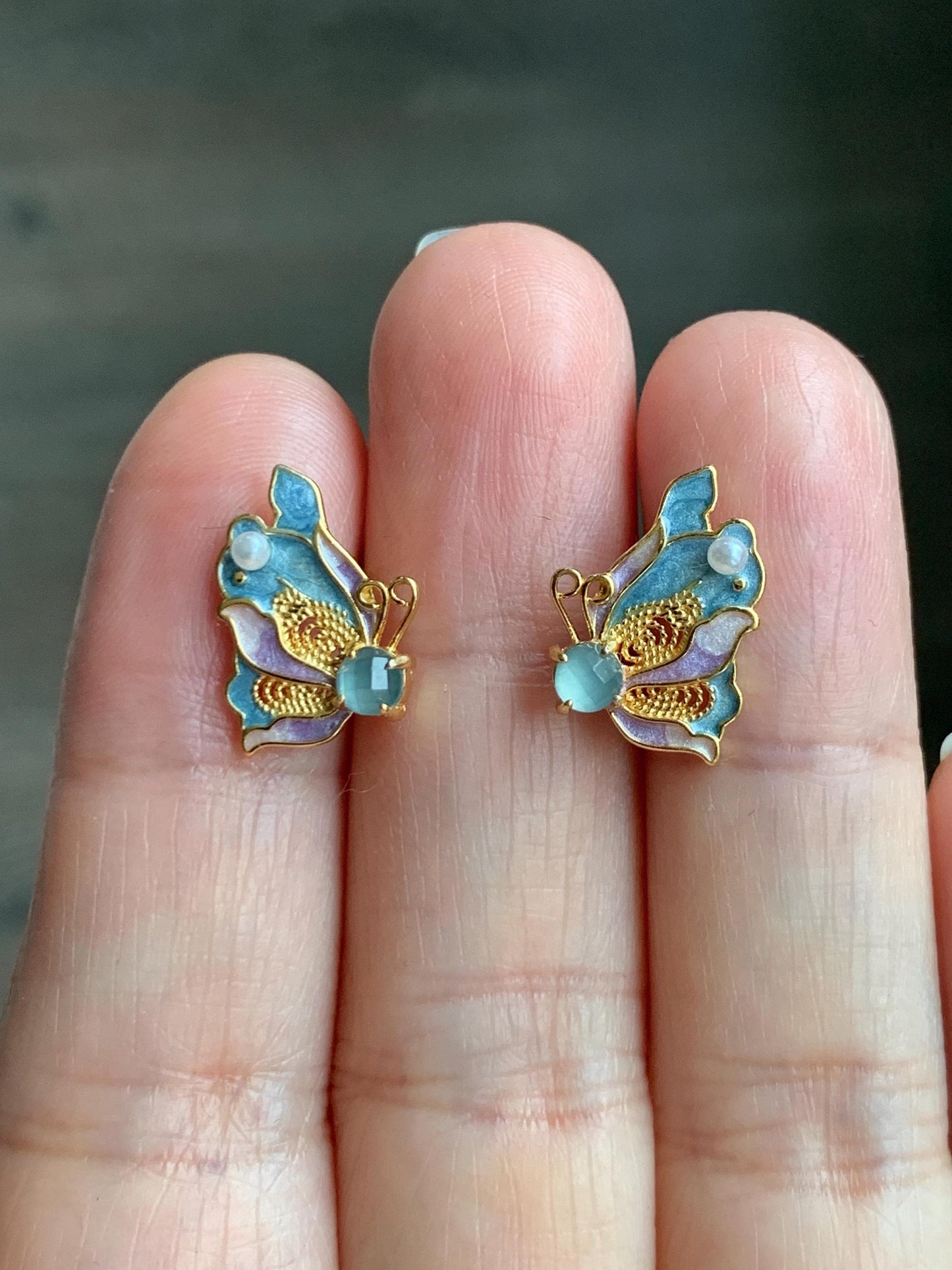 Natural Grade A Guatemalan Icy Translucent Light Blue Faceted Jade Jadeite Butterfly Enamel Earrings Sterling Silver 天然冰危蓝翡翠蝴蝶烤漆耳钉 WLQH132