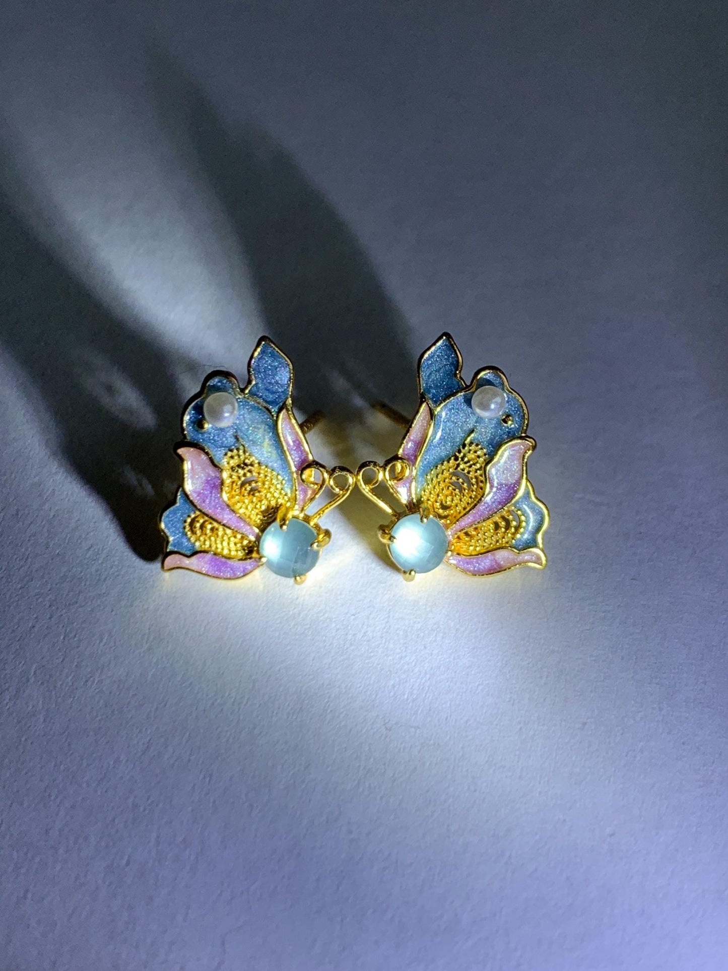 Natural Grade A Guatemalan Icy Translucent Light Blue Faceted Jade Jadeite Butterfly Enamel Earrings Sterling Silver 天然冰危蓝翡翠蝴蝶烤漆耳钉 WLQH132