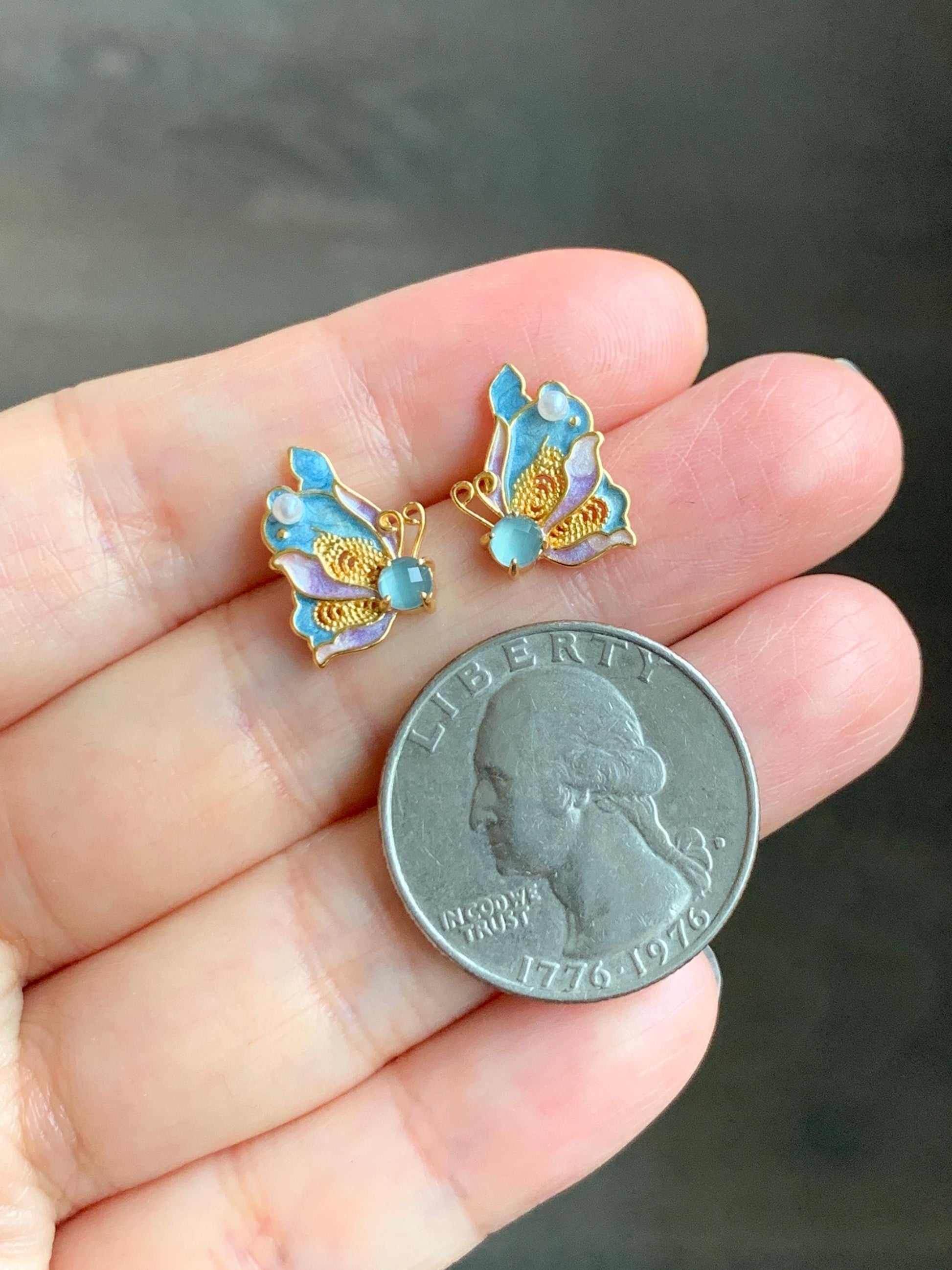 Natural Grade A Guatemalan Icy Translucent Light Blue Faceted Jade Jadeite Butterfly Enamel Earrings Sterling Silver 天然冰危蓝翡翠蝴蝶烤漆耳钉 WLQH132