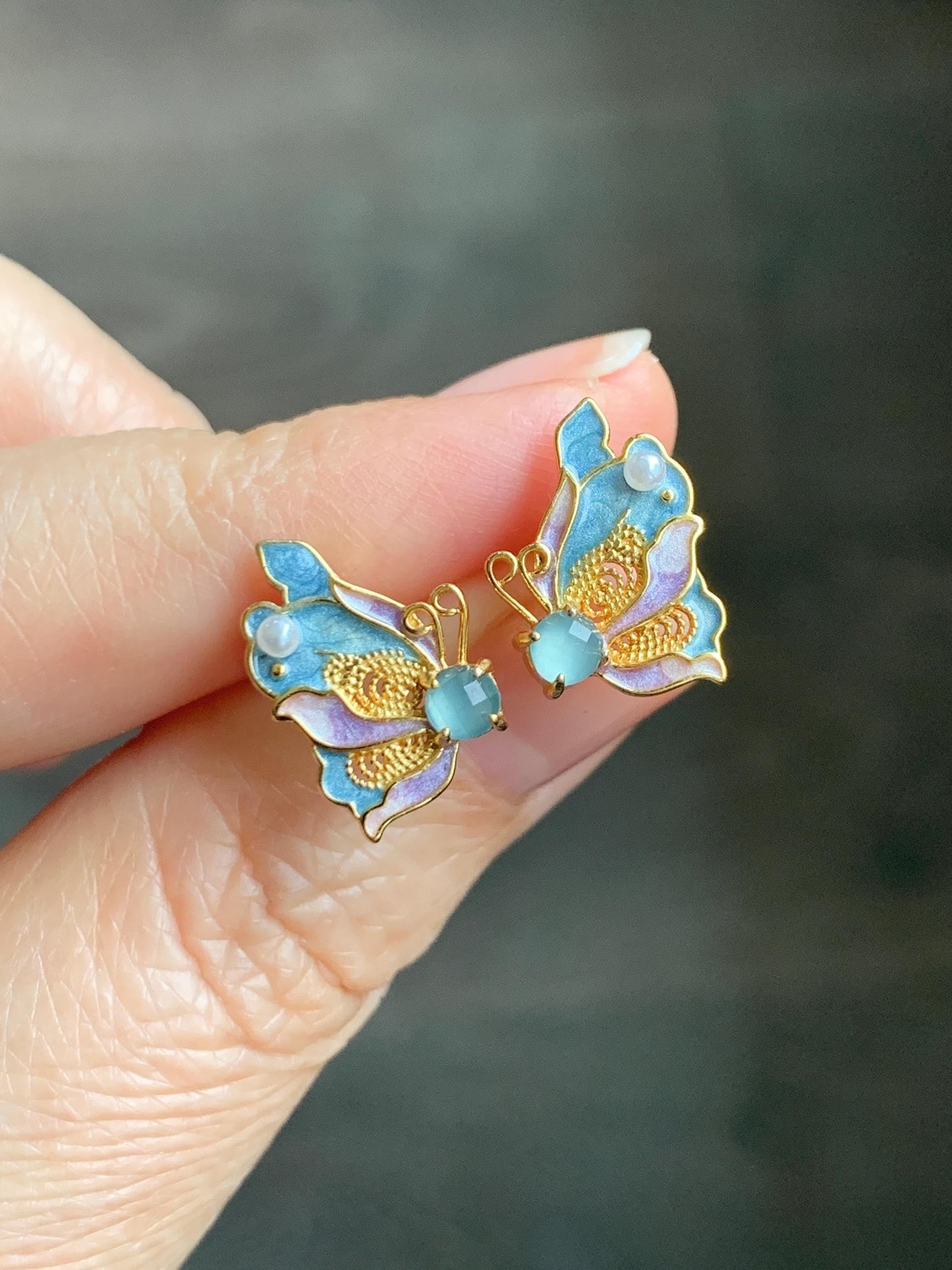 Natural Grade A Guatemalan Icy Translucent Light Blue Faceted Jade Jadeite Butterfly Enamel Earrings Sterling Silver 天然冰危蓝翡翠蝴蝶烤漆耳钉 WLQH132
