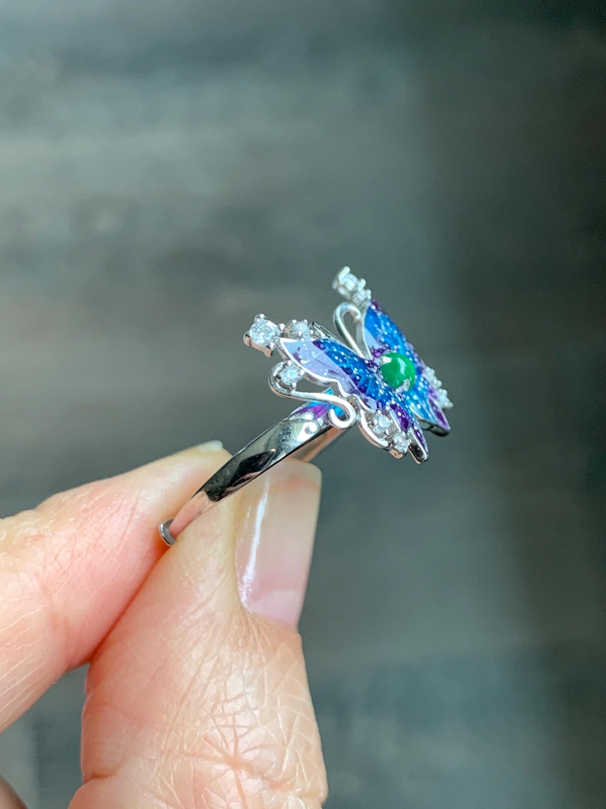 Natural Grade A Guatemalan Icy Translucent Vibrant Green Jade Jadeite Butterfly Enamel Ring Sterling Silver 天然冰危绿翡翠银镶蝴蝶烤漆戒指 HDL140A