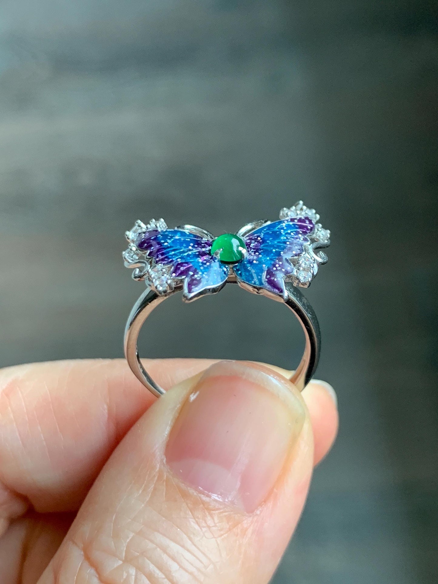 Natural Grade A Guatemalan Icy Translucent Vibrant Green Jade Jadeite Butterfly Enamel Ring Sterling Silver 天然冰危绿翡翠银镶蝴蝶烤漆戒指 HDL140A