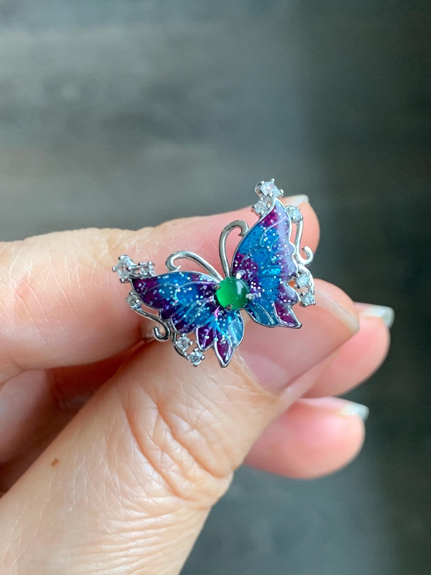 Natural Grade A Guatemalan Icy Translucent Vibrant Green Jade Jadeite Butterfly Enamel Ring Sterling Silver 天然冰危绿翡翠银镶蝴蝶烤漆戒指 HDL140A
