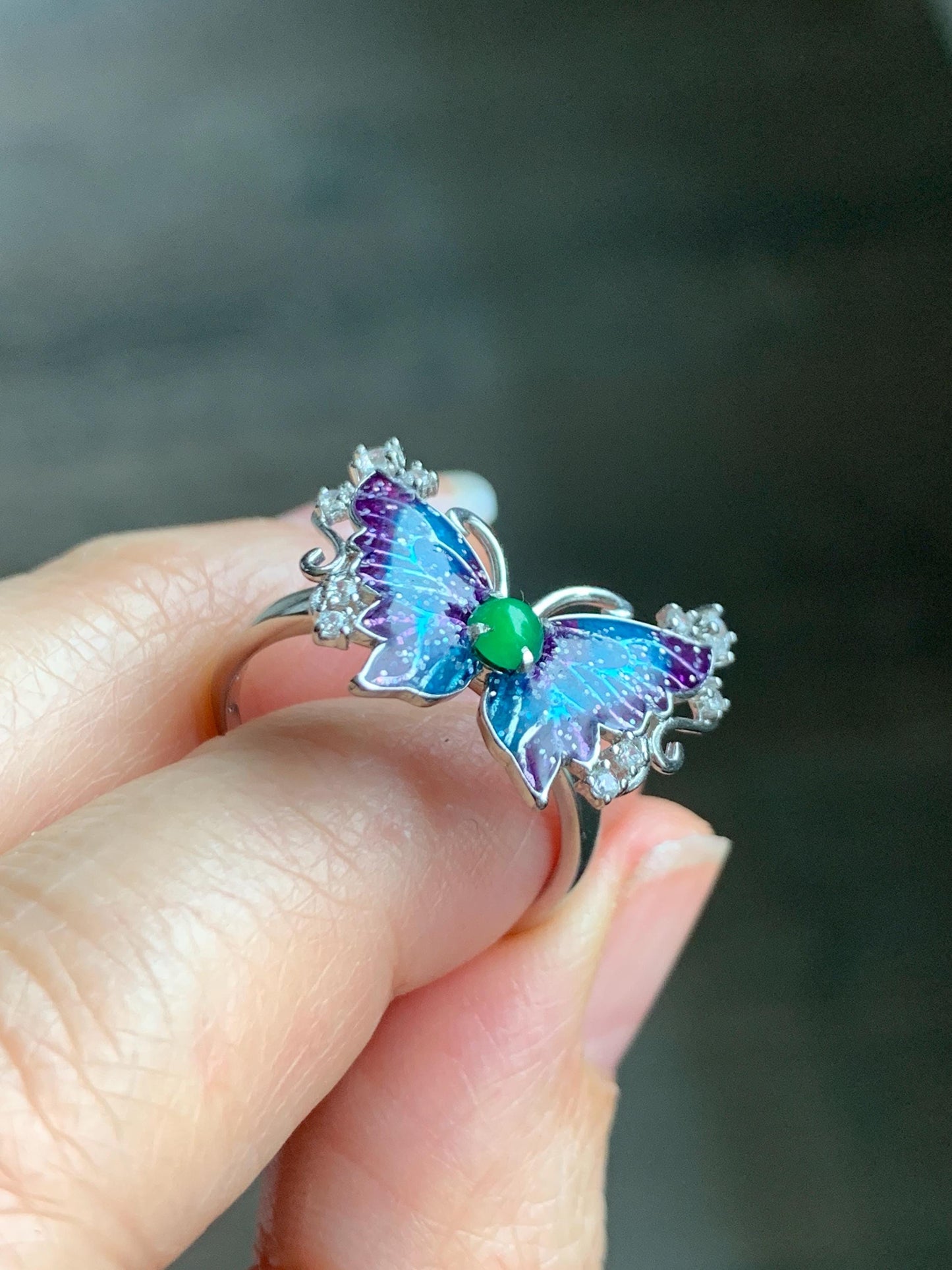 Natural Grade A Guatemalan Icy Translucent Vibrant Green Jade Jadeite Butterfly Enamel Ring Sterling Silver 天然冰危绿翡翠银镶蝴蝶烤漆戒指 HDL140A