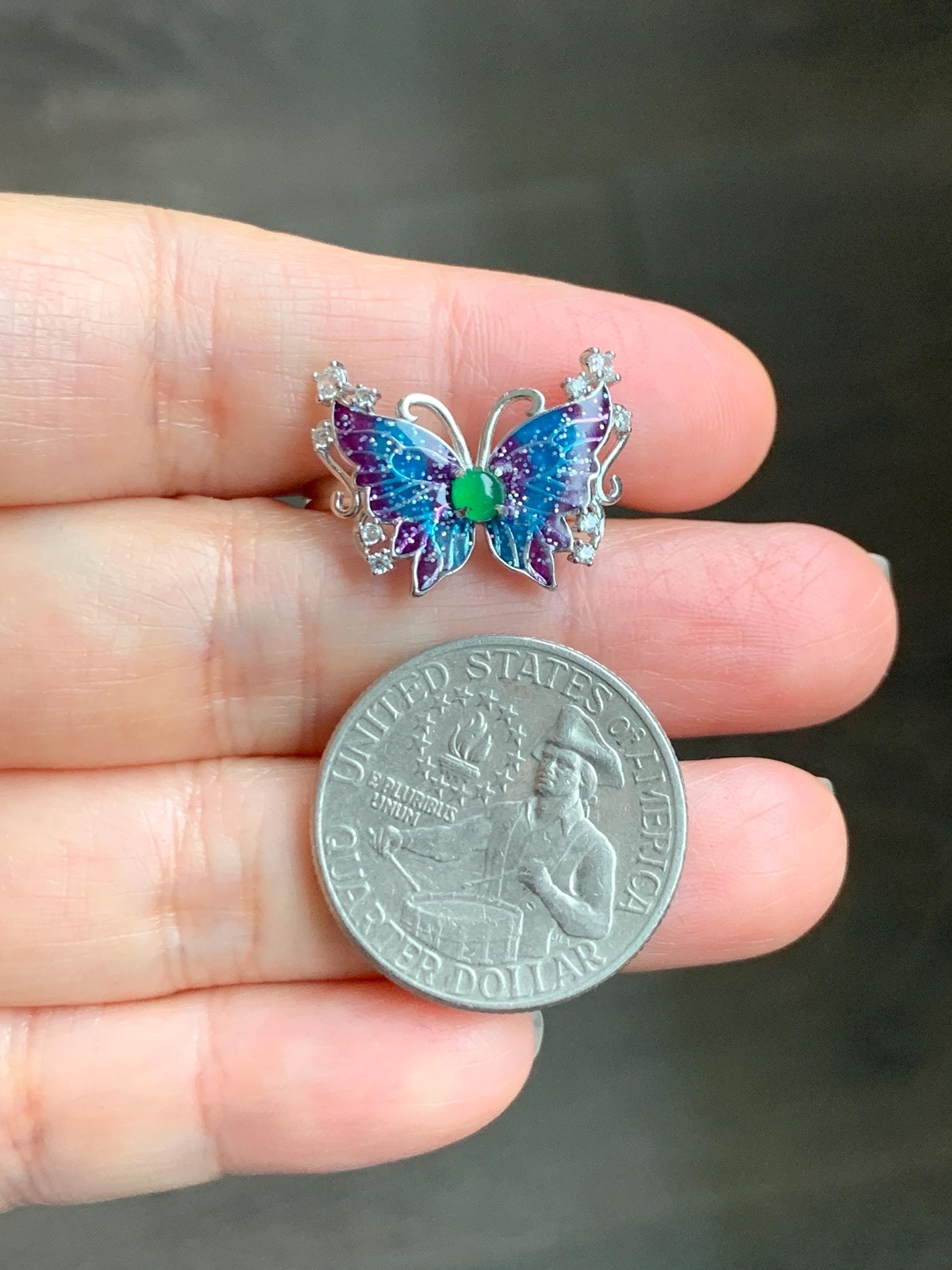 Natural Grade A Guatemalan Icy Translucent Vibrant Green Jade Jadeite Butterfly Enamel Ring Sterling Silver 天然冰危绿翡翠银镶蝴蝶烤漆戒指 HDL140A