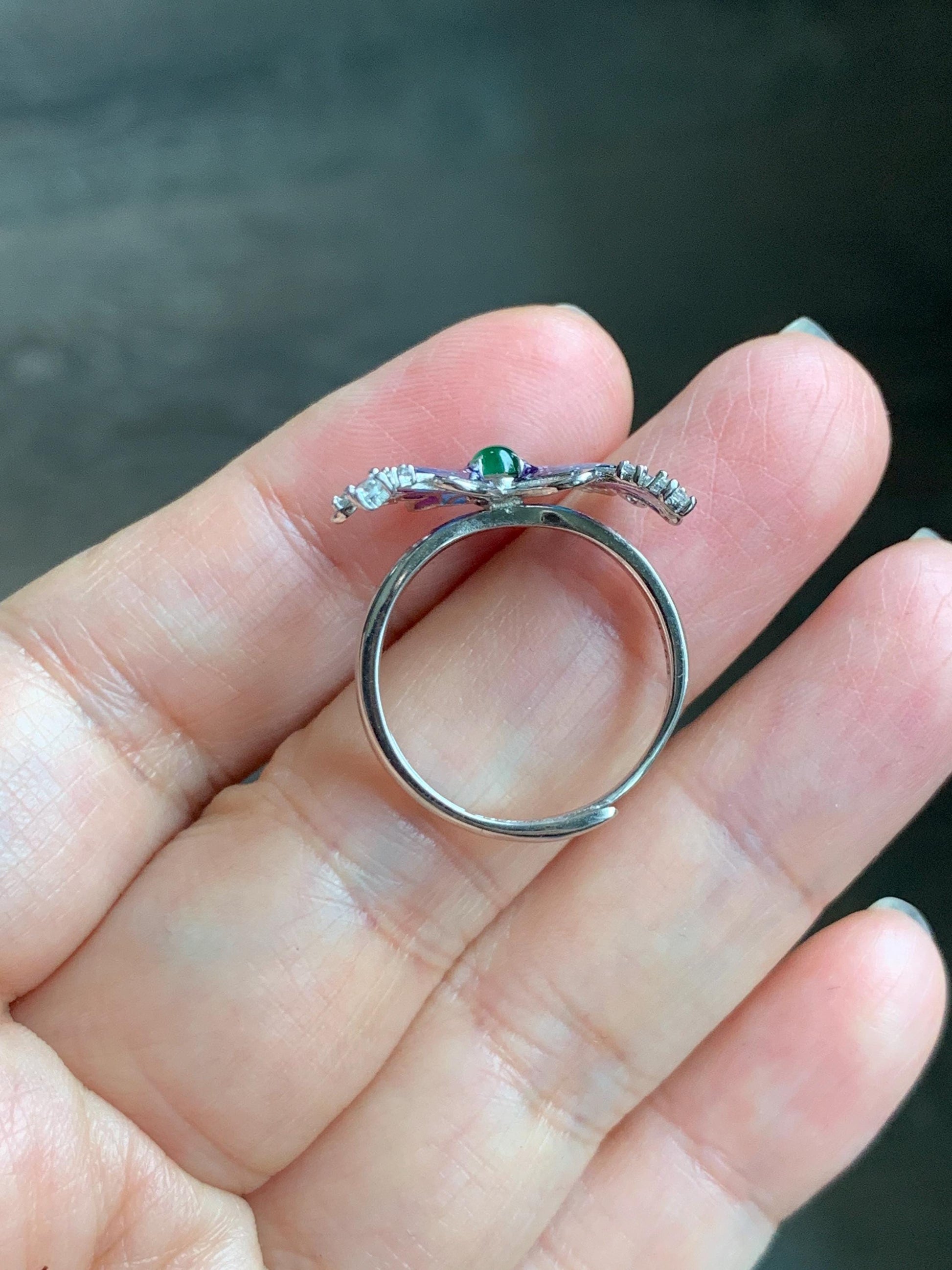 Natural Grade A Guatemalan Icy Translucent Vibrant Green Jade Jadeite Butterfly Enamel Ring Sterling Silver 天然冰危绿翡翠银镶蝴蝶烤漆戒指 HDL140A