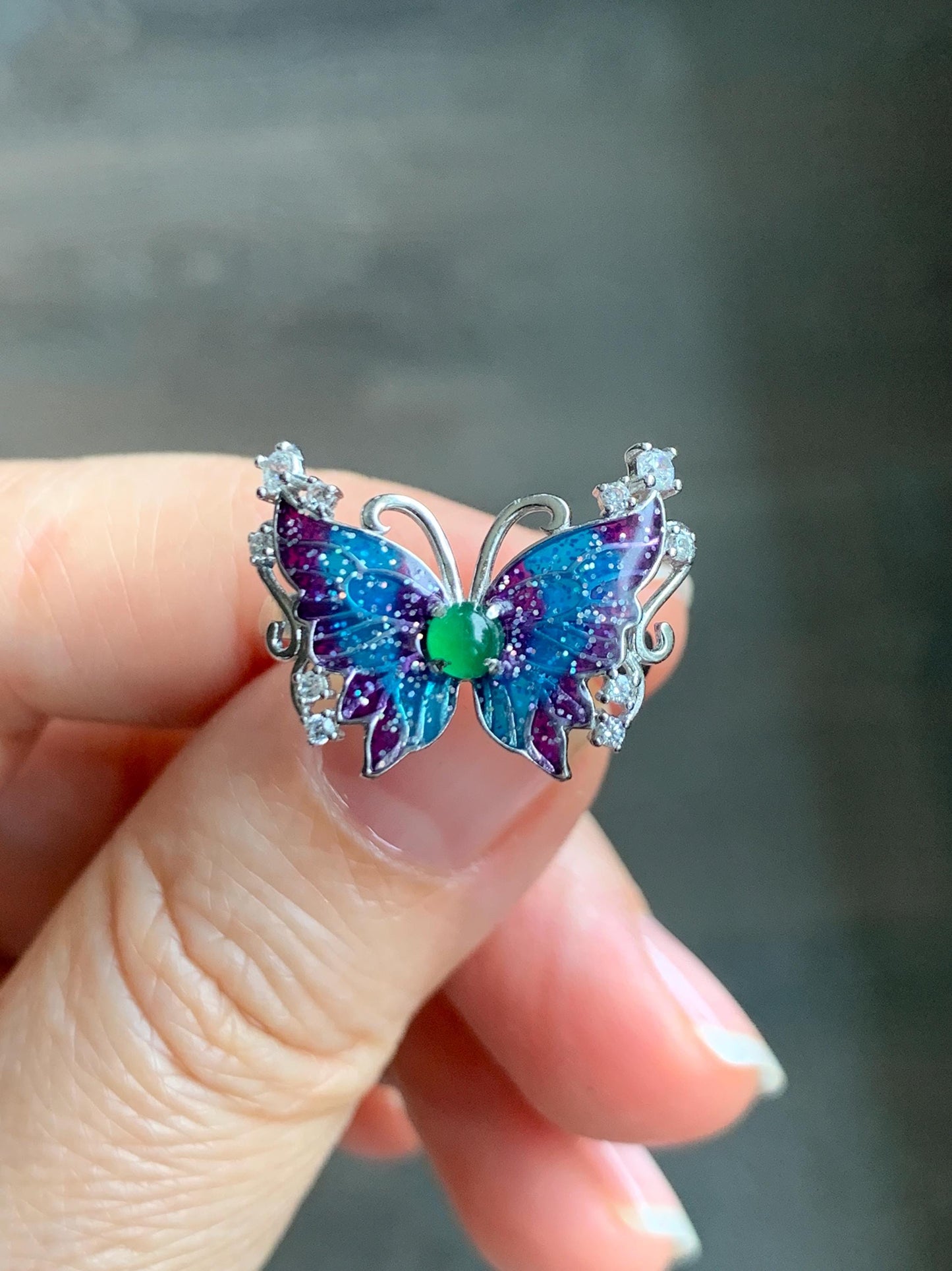 Natural Grade A Guatemalan Icy Translucent Vibrant Green Jade Jadeite Butterfly Enamel Ring Sterling Silver 天然冰危绿翡翠银镶蝴蝶烤漆戒指 HDL140A