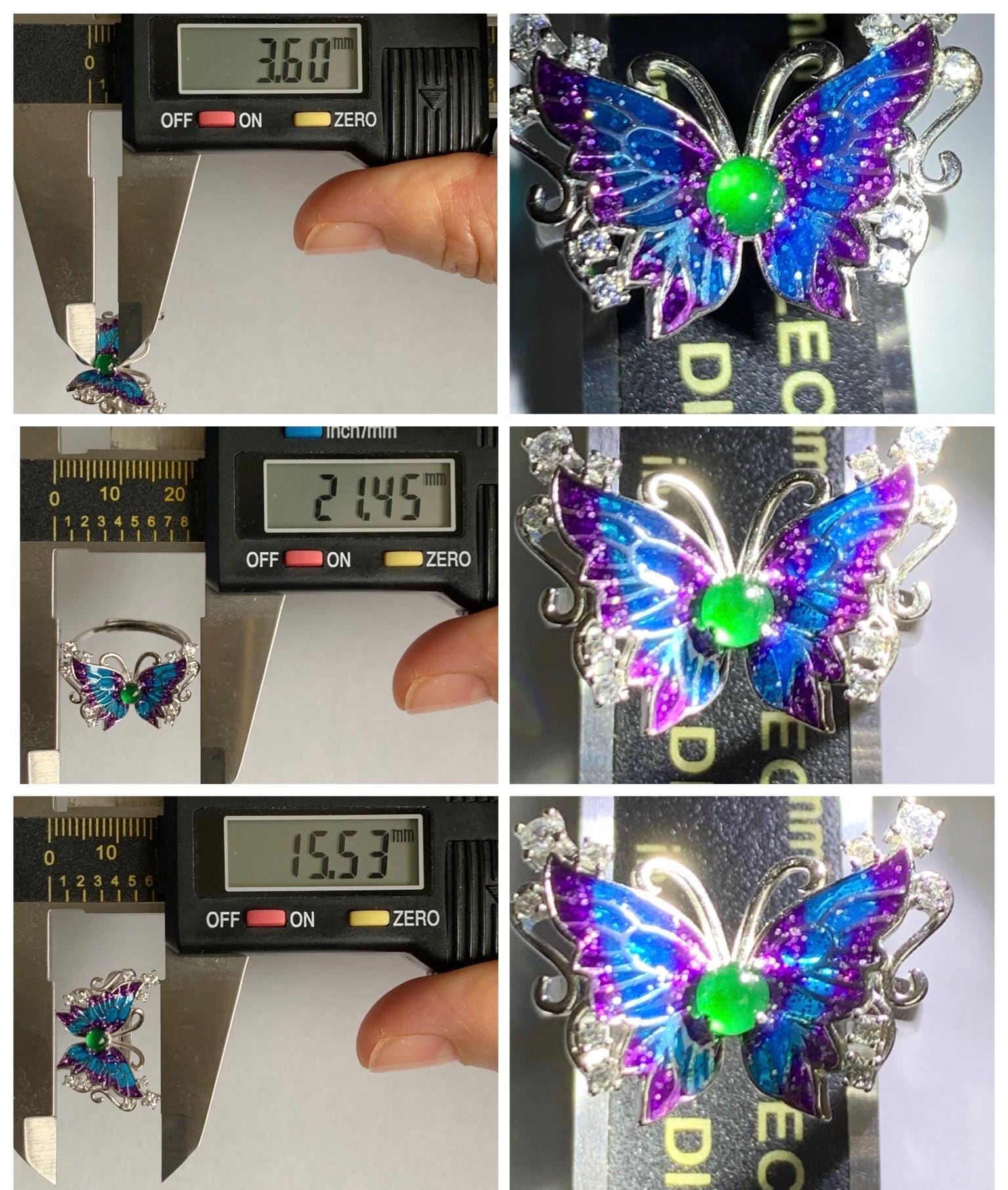 Natural Grade A Guatemalan Icy Translucent Vibrant Green Jade Jadeite Butterfly Enamel Ring Sterling Silver 天然冰危绿翡翠银镶蝴蝶烤漆戒指 HDL140B