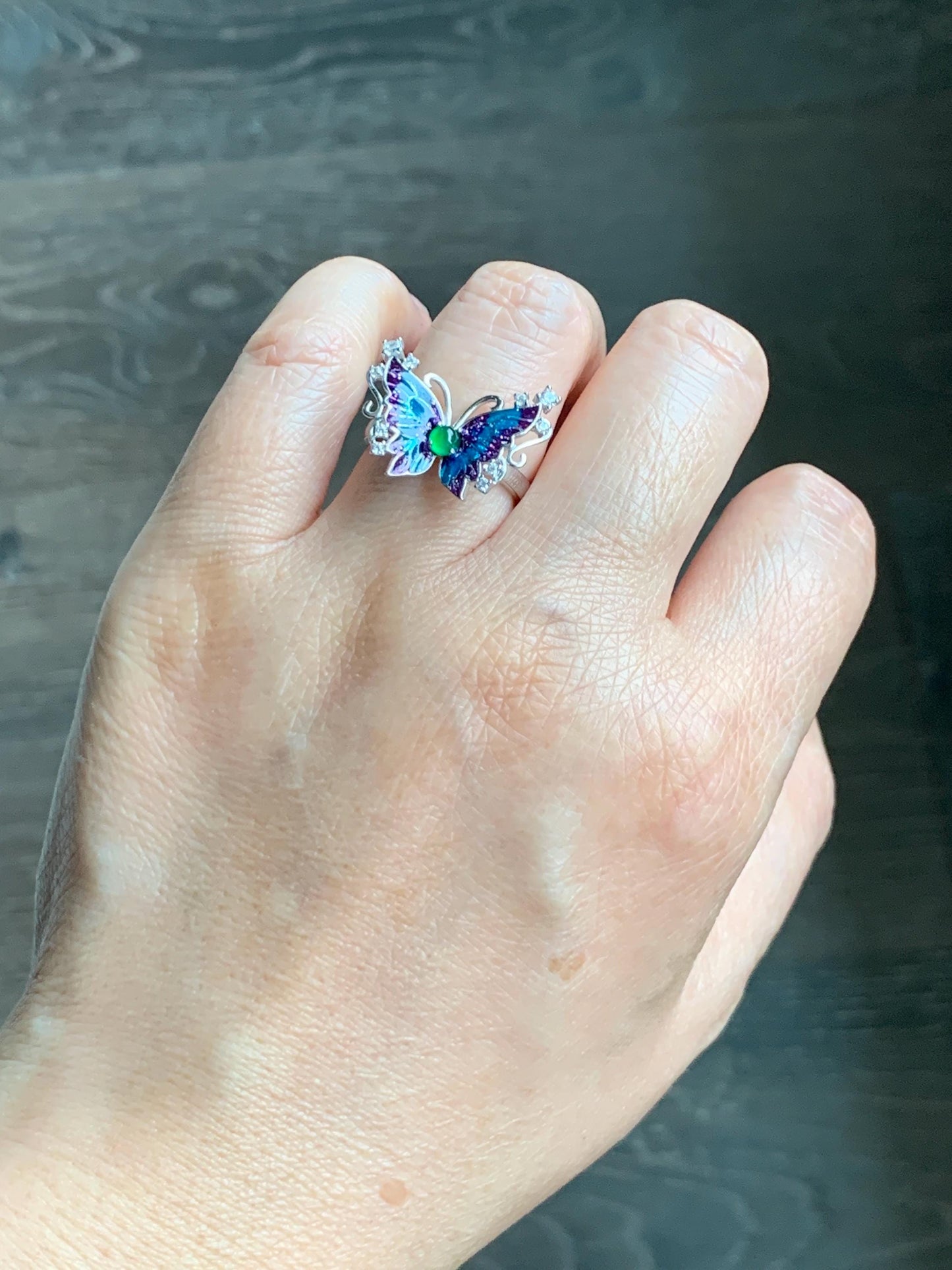 Natural Grade A Guatemalan Icy Translucent Vibrant Green Jade Jadeite Butterfly Enamel Ring Sterling Silver 天然冰危绿翡翠银镶蝴蝶烤漆戒指 HDL140B