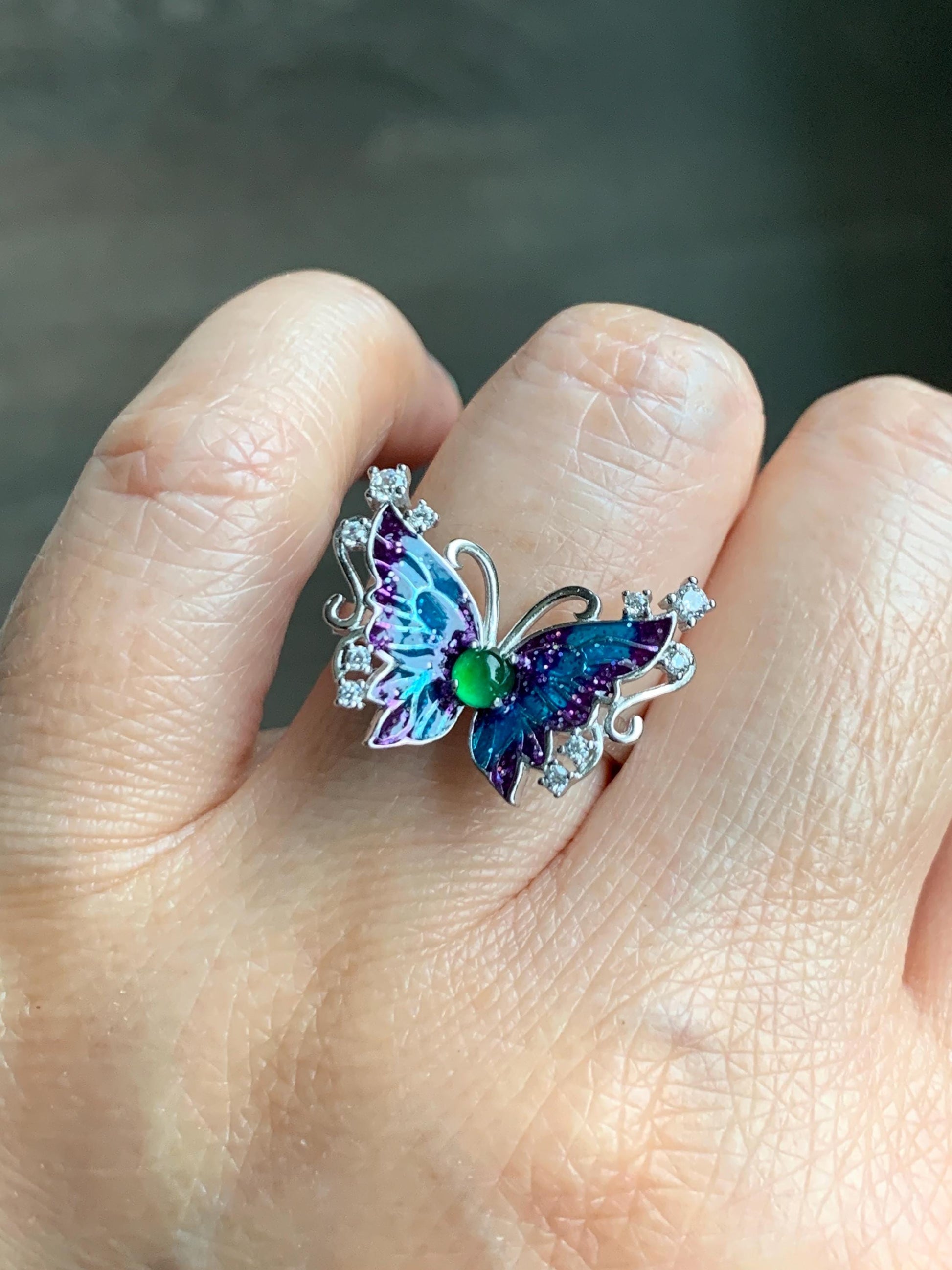 Natural Grade A Guatemalan Icy Translucent Vibrant Green Jade Jadeite Butterfly Enamel Ring Sterling Silver 天然冰危绿翡翠银镶蝴蝶烤漆戒指 HDL140B