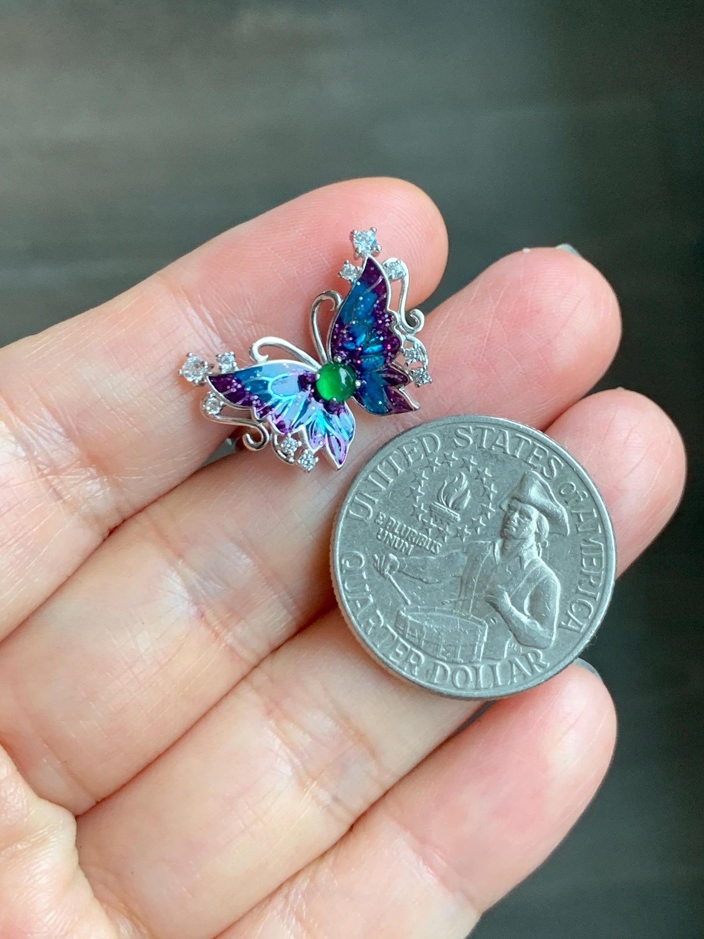 Natural Grade A Guatemalan Icy Translucent Vibrant Green Jade Jadeite Butterfly Enamel Ring Sterling Silver 天然冰危绿翡翠银镶蝴蝶烤漆戒指 HDL140B