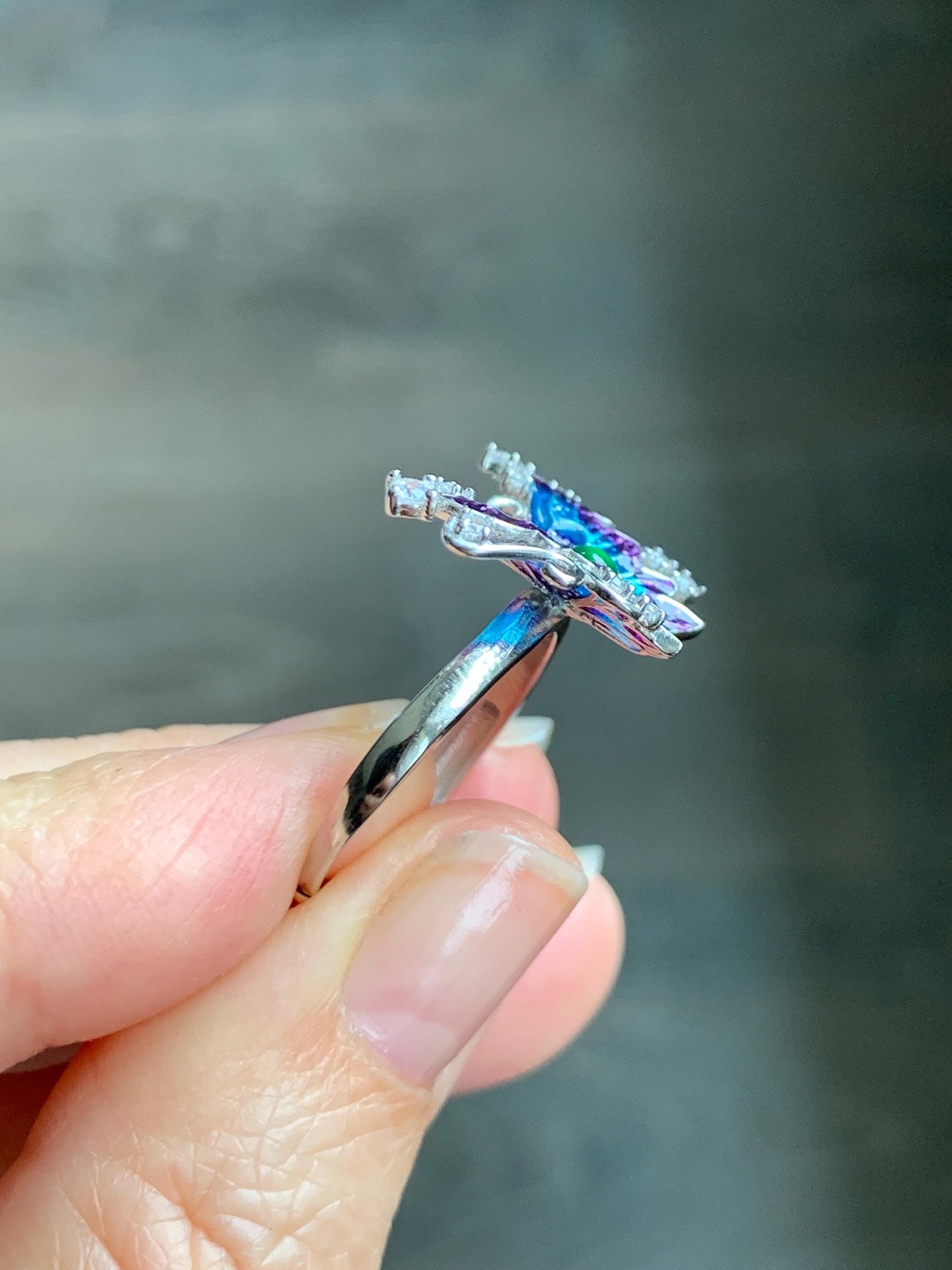 Natural Grade A Guatemalan Icy Translucent Vibrant Green Jade Jadeite Butterfly Enamel Ring Sterling Silver 天然冰危绿翡翠银镶蝴蝶烤漆戒指 HDL140B