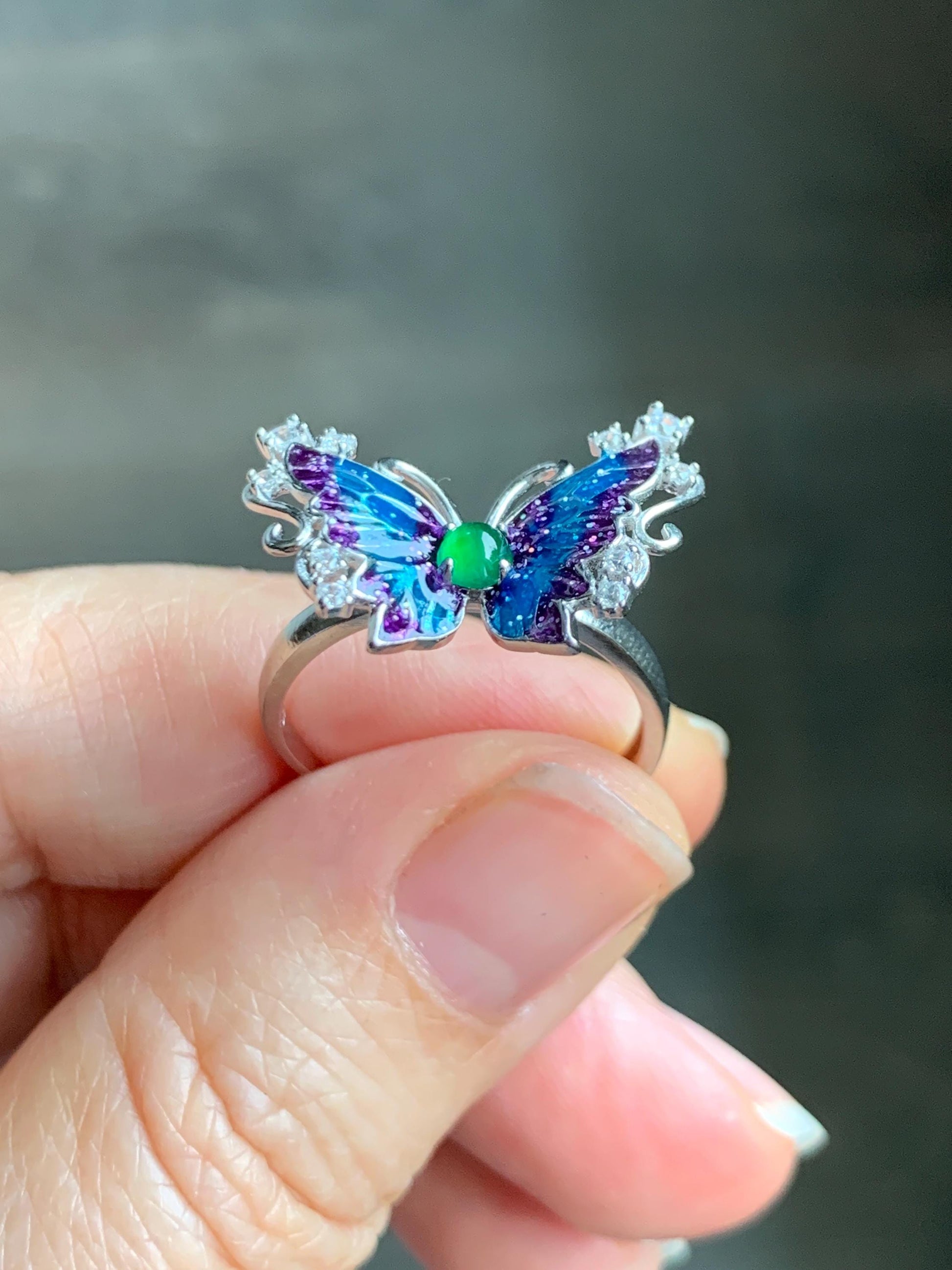 Natural Grade A Guatemalan Icy Translucent Vibrant Green Jade Jadeite Butterfly Enamel Ring Sterling Silver 天然冰危绿翡翠银镶蝴蝶烤漆戒指 HDL140B