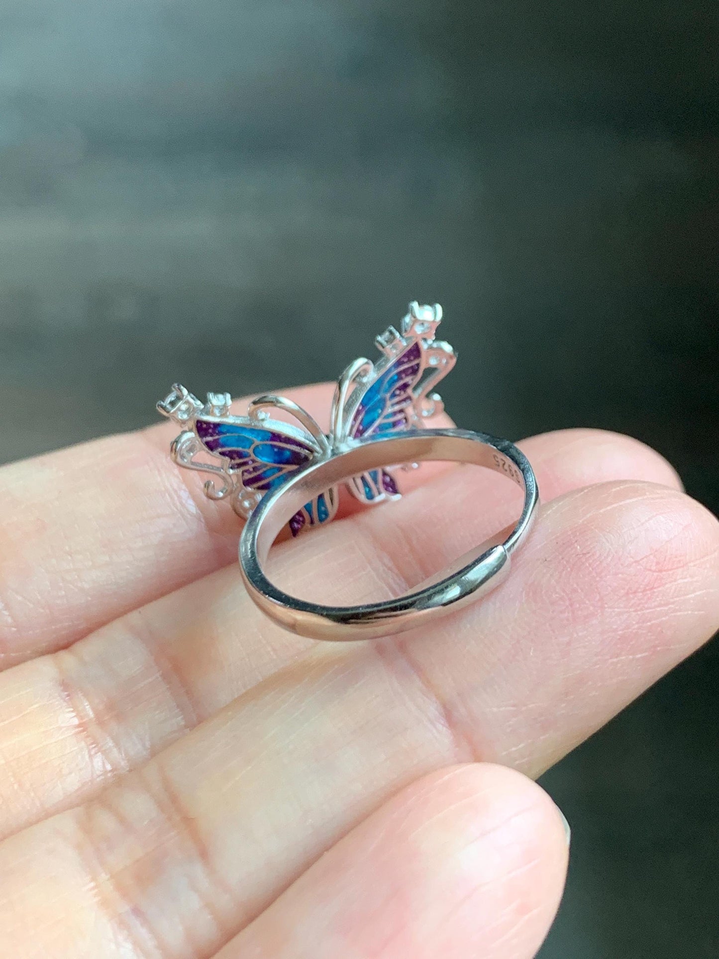 Natural Grade A Guatemalan Icy Translucent Vibrant Green Jade Jadeite Butterfly Enamel Ring Sterling Silver 天然冰危绿翡翠银镶蝴蝶烤漆戒指 HDL140B