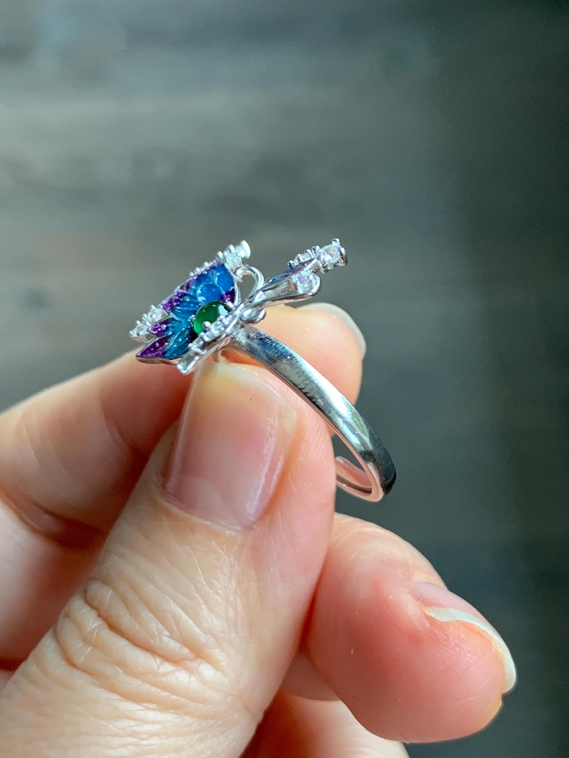 Natural Grade A Guatemalan Icy Translucent Vibrant Green Jade Jadeite Butterfly Enamel Ring Sterling Silver 天然冰危绿翡翠银镶蝴蝶烤漆戒指 HDL140B