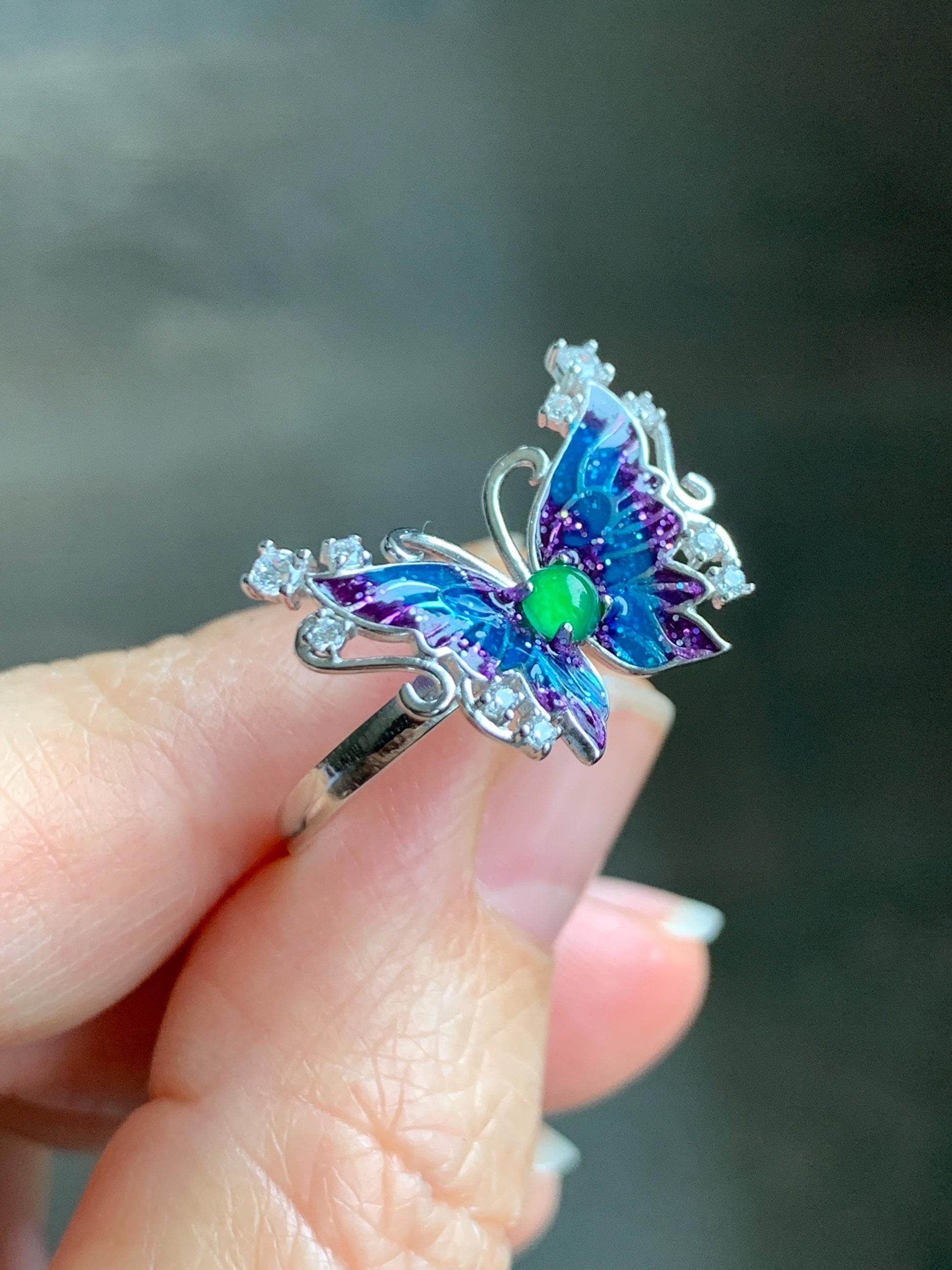 Natural Grade A Guatemalan Icy Translucent Vibrant Green Jade Jadeite Butterfly Enamel Ring Sterling Silver 天然冰危绿翡翠银镶蝴蝶烤漆戒指 HDL140B