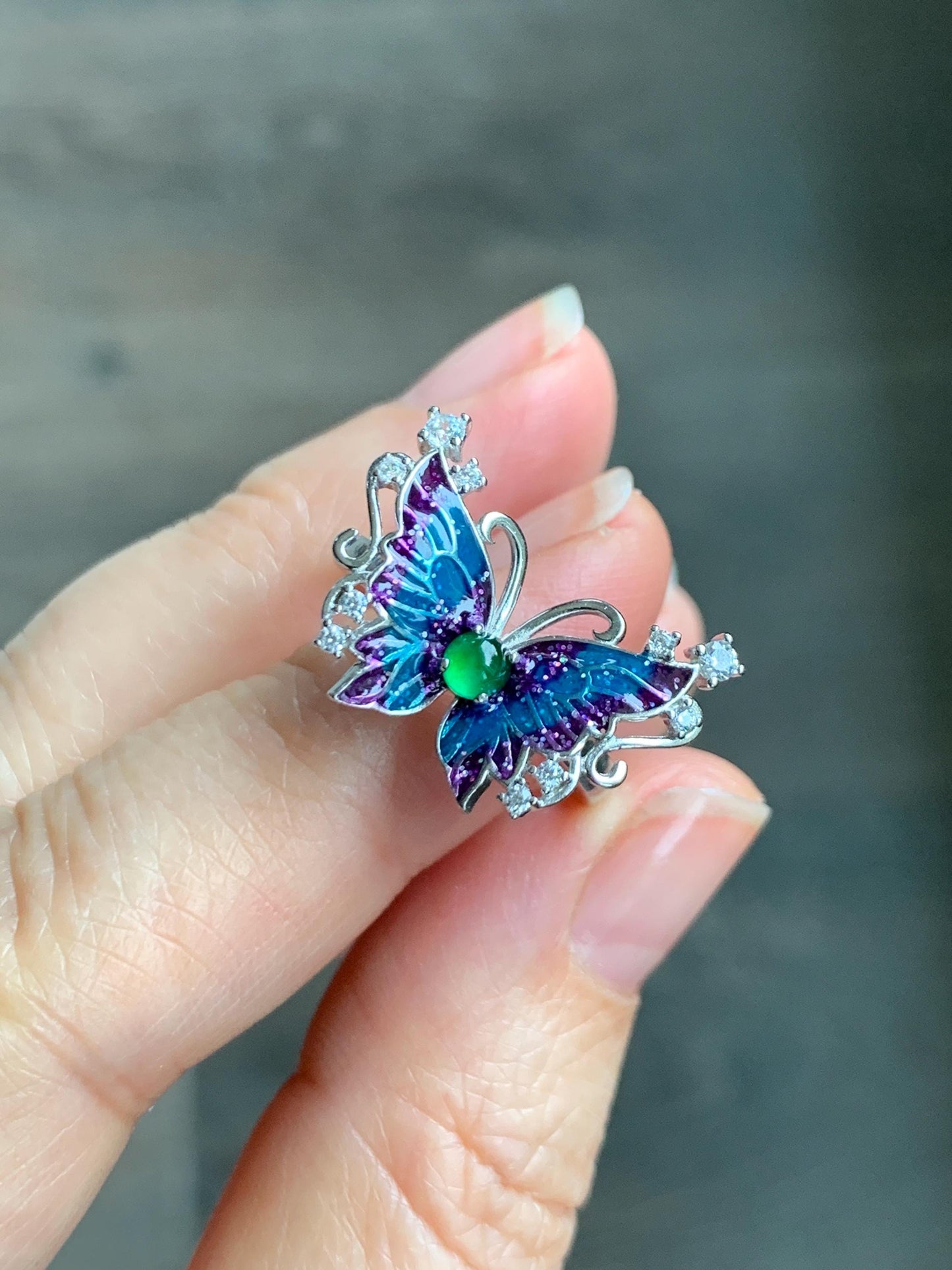 Natural Grade A Guatemalan Icy Translucent Vibrant Green Jade Jadeite Butterfly Enamel Ring Sterling Silver 天然冰危绿翡翠银镶蝴蝶烤漆戒指 HDL140B