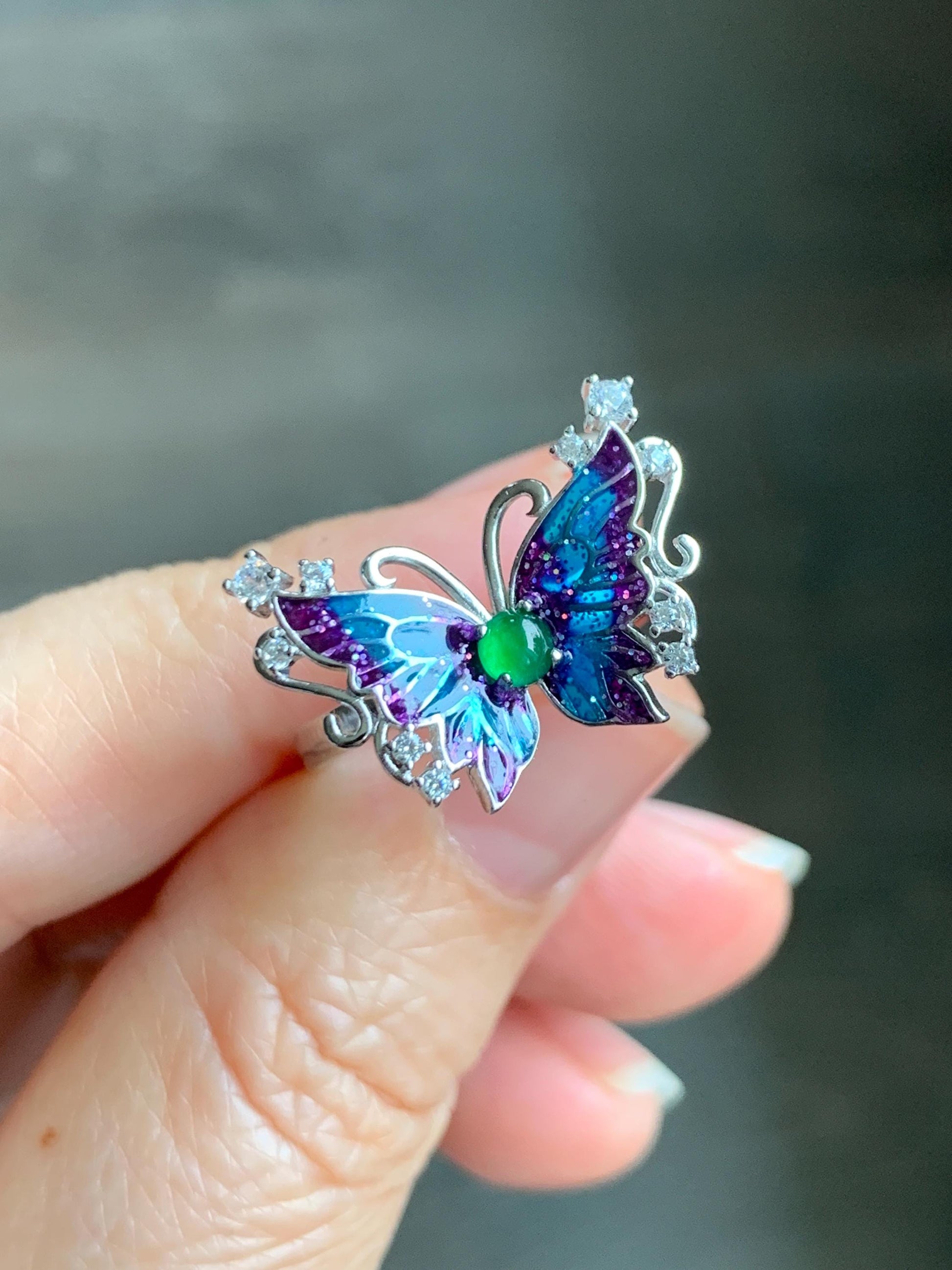 Natural Grade A Guatemalan Icy Translucent Vibrant Green Jade Jadeite Butterfly Enamel Ring Sterling Silver 天然冰危绿翡翠银镶蝴蝶烤漆戒指 HDL140B