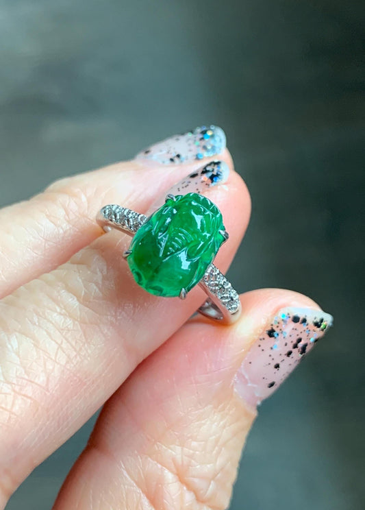Natural Grade A Guatemalan Icy Translucent Vibrant Green Jade Jadeite Pixiu Ring Sterling Silver Size 7 Adjustable 天然冰危绿翡翠貔貅银镶戒指 WPX110