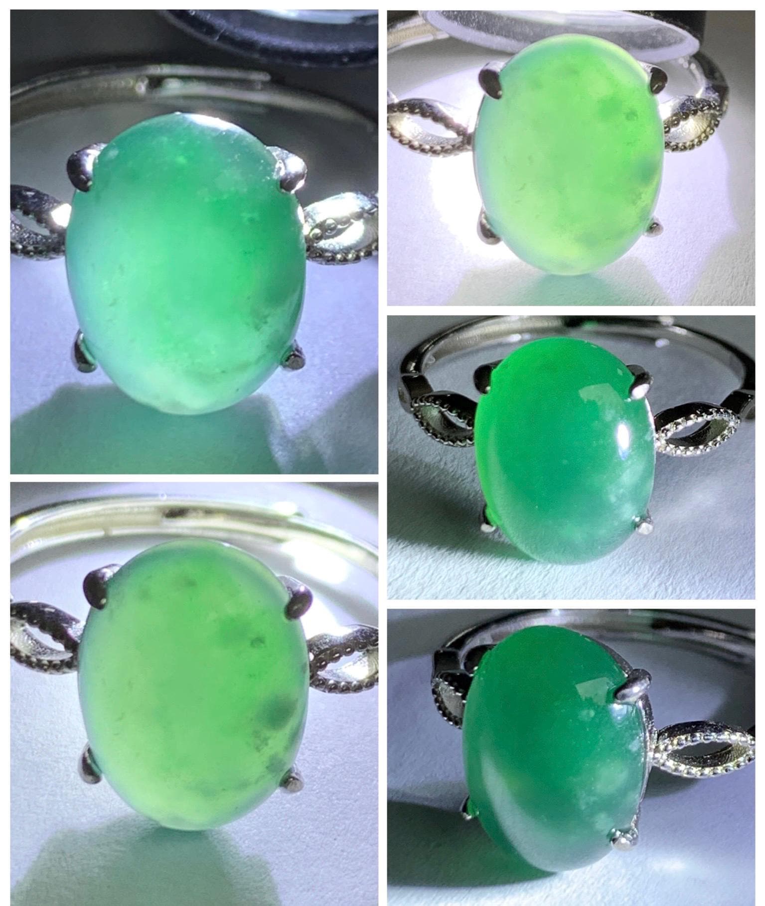 Natural Grade A Guatemalan Icy Translucent Dark Teal Green Oval Jade Jadeite Ring Sterling Silver Size Adjustable 天然冰危深蓝绿翡翠银镶戒指 SWL110