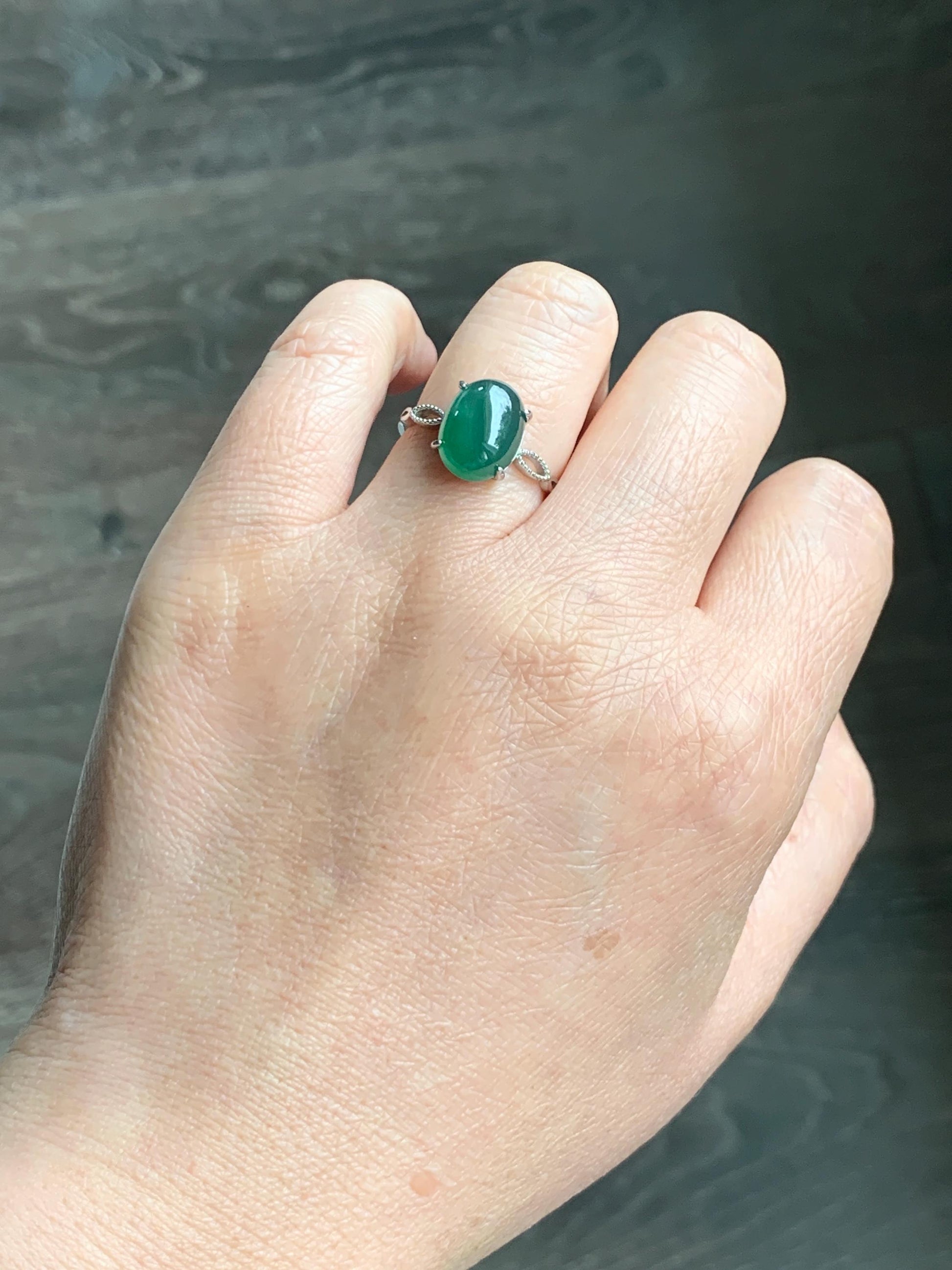 Natural Grade A Guatemalan Icy Translucent Dark Teal Green Oval Jade Jadeite Ring Sterling Silver Size Adjustable 天然冰危深蓝绿翡翠银镶戒指 SWL110