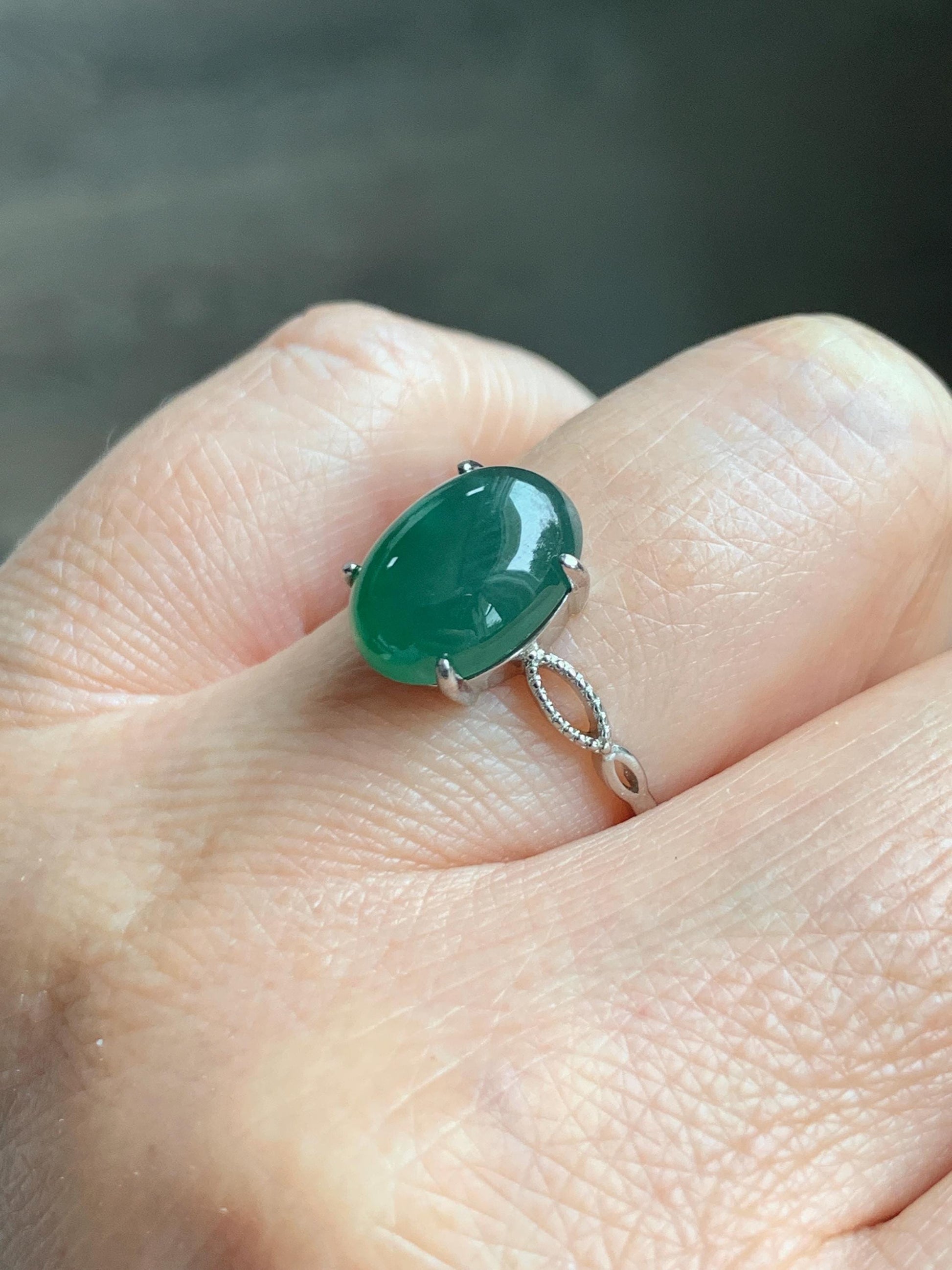 Natural Grade A Guatemalan Icy Translucent Dark Teal Green Oval Jade Jadeite Ring Sterling Silver Size Adjustable 天然冰危深蓝绿翡翠银镶戒指 SWL110