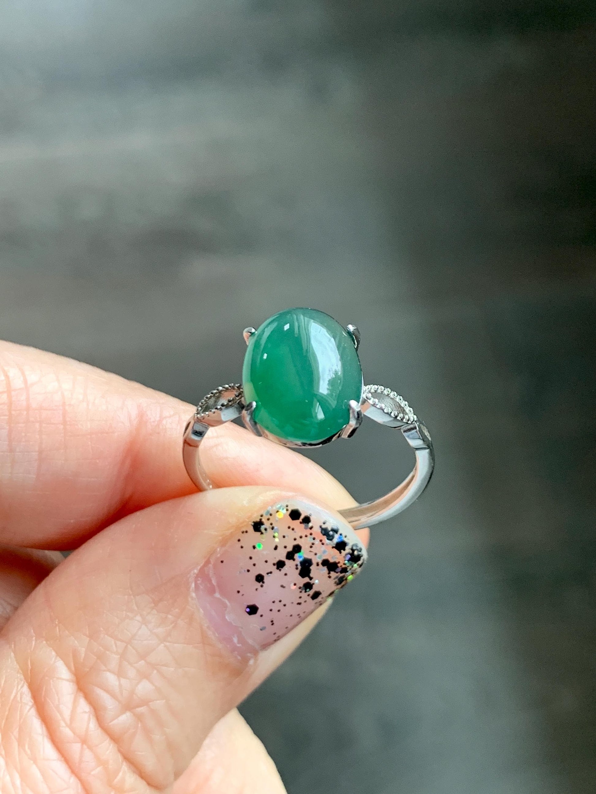 Natural Grade A Guatemalan Icy Translucent Dark Teal Green Oval Jade Jadeite Ring Sterling Silver Size Adjustable 天然冰危深蓝绿翡翠银镶戒指 SWL110