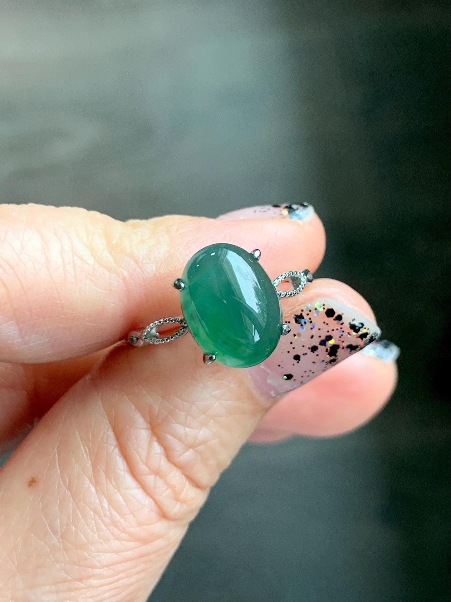 Natural Grade A Guatemalan Icy Translucent Dark Teal Green Oval Jade Jadeite Ring Sterling Silver Size Adjustable 天然冰危深蓝绿翡翠银镶戒指 SWL110