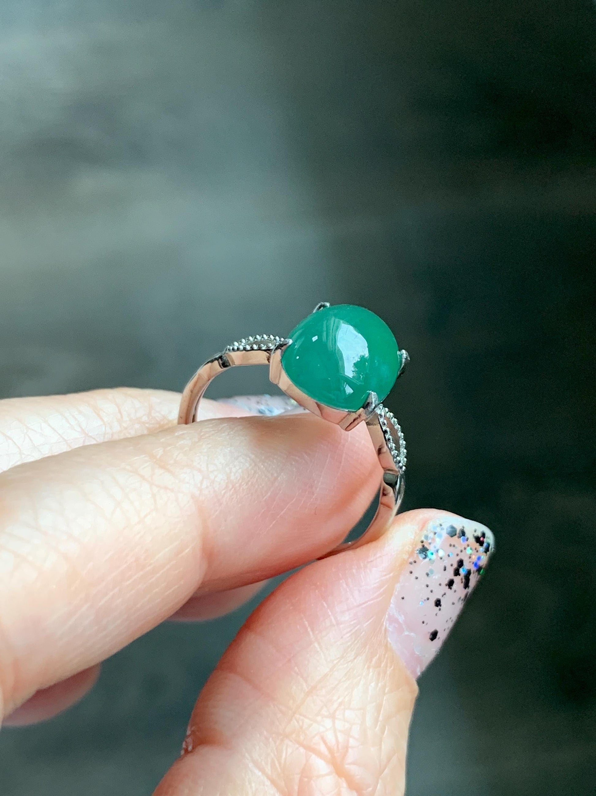 Natural Grade A Guatemalan Icy Translucent Dark Teal Green Oval Jade Jadeite Ring Sterling Silver Size Adjustable 天然冰危深蓝绿翡翠银镶戒指 SWL110