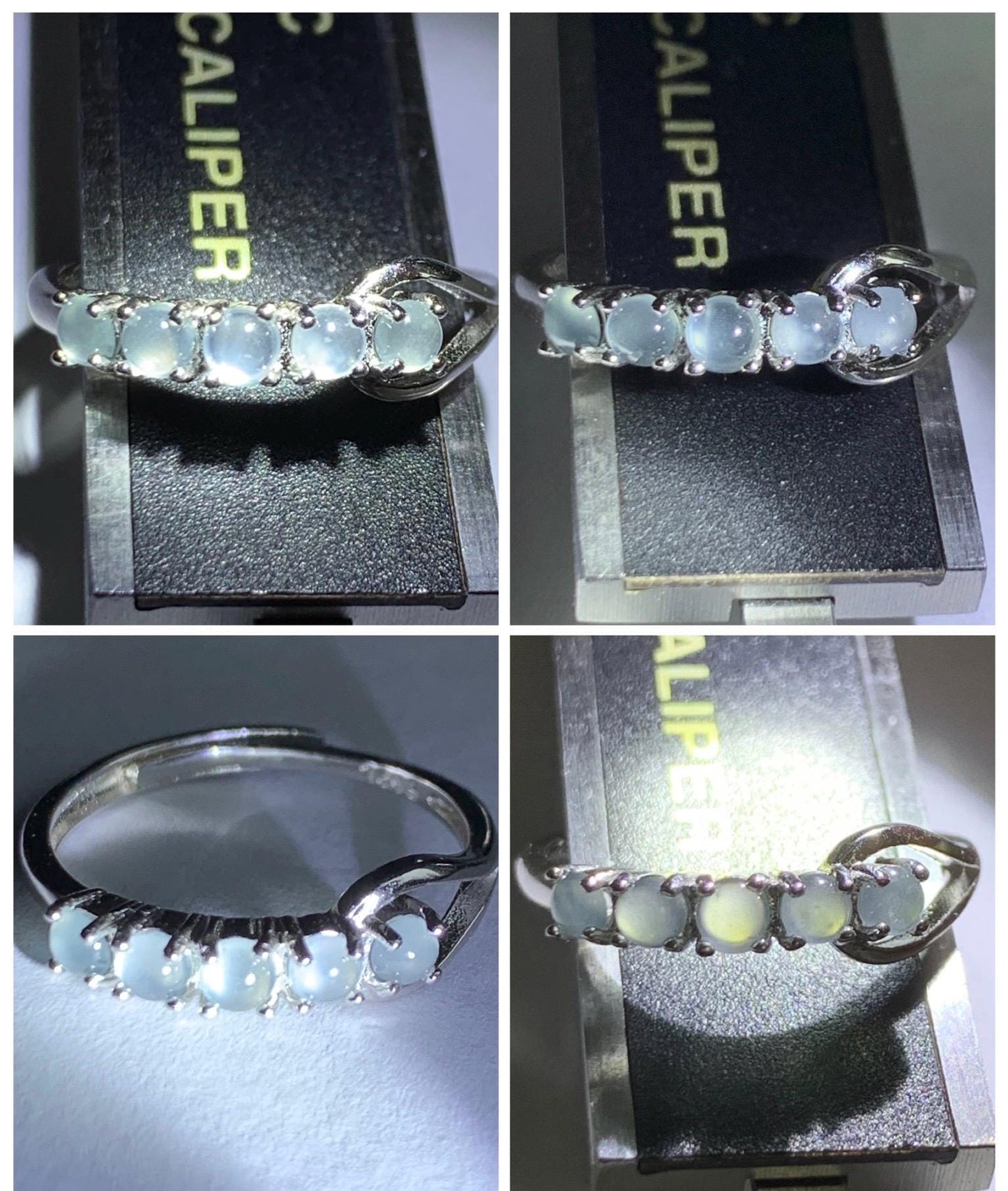 Natural Grade A Guatemalan Icy Highly Translucent Pale Blue Jade Jadeite 5-Stone Band Ring Sterling Silver Size Adjustable 天然冰危淡蓝翡翠排戒QWLP88