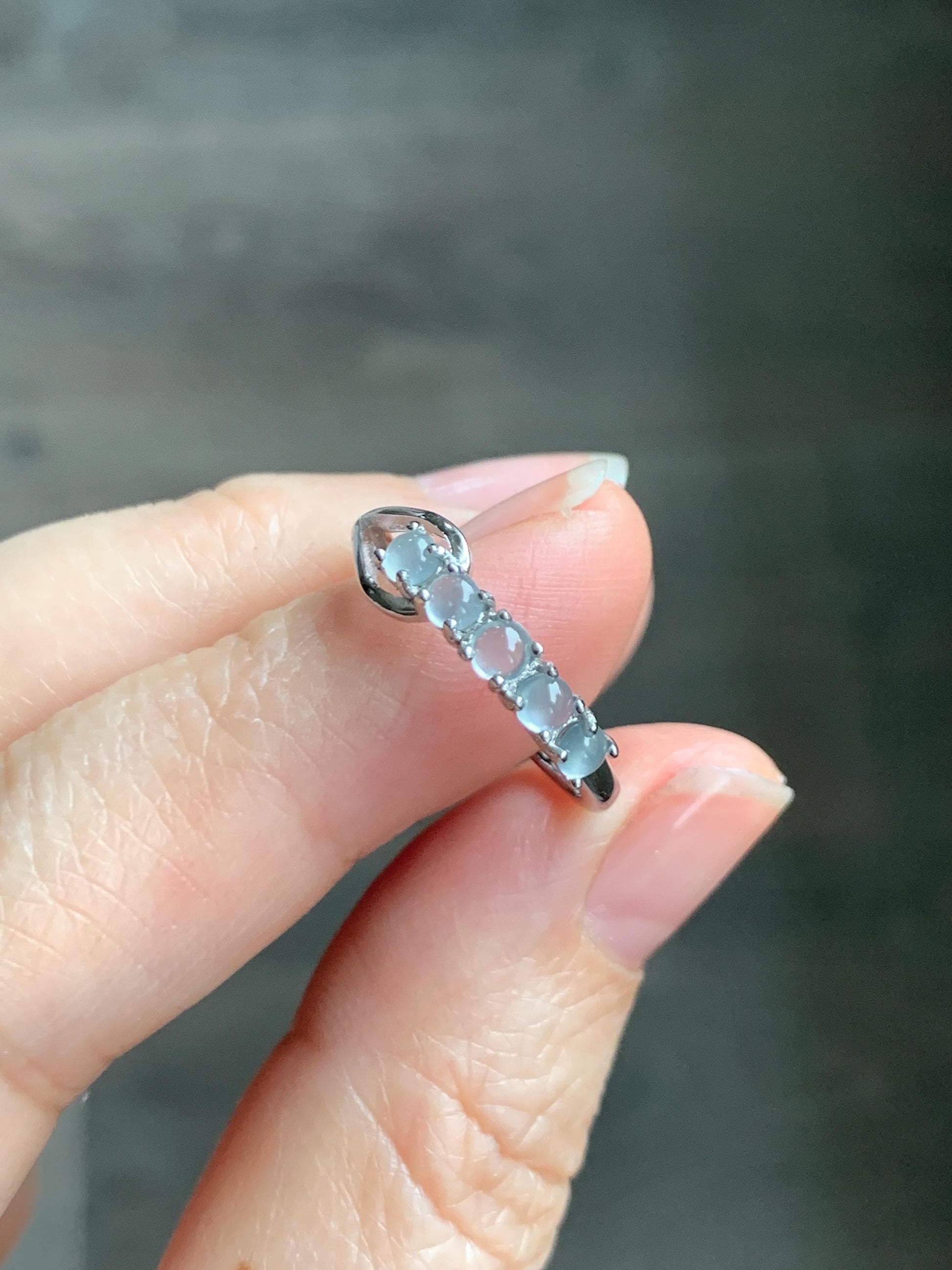 Natural Grade A Guatemalan Icy Highly Translucent Pale Blue Jade Jadeite 5-Stone Band Ring Sterling Silver Size Adjustable 天然冰危淡蓝翡翠排戒QWLP88