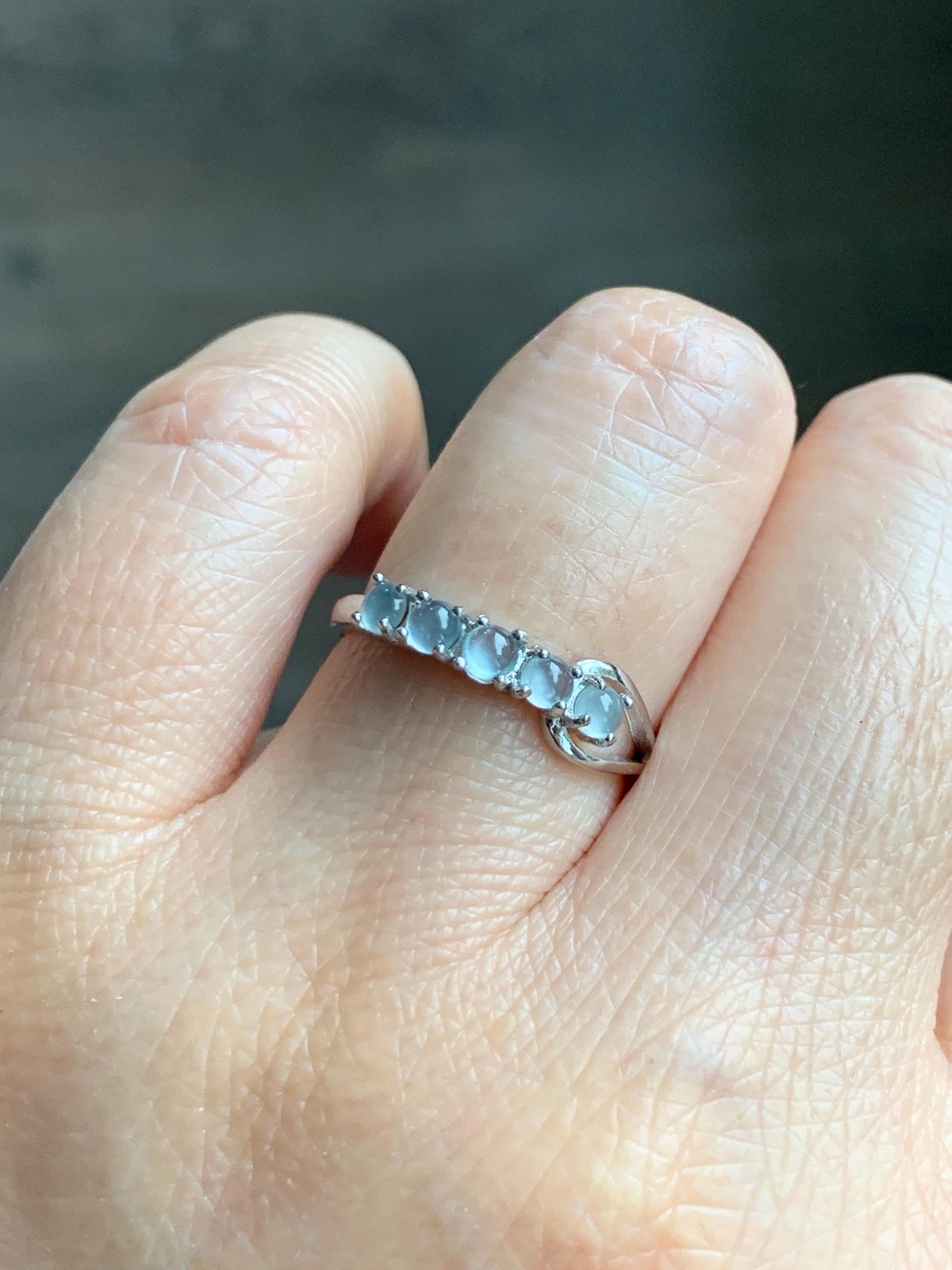 Natural Grade A Guatemalan Icy Highly Translucent Pale Blue Jade Jadeite 5-Stone Band Ring Sterling Silver Size Adjustable 天然冰危淡蓝翡翠排戒QWLP88
