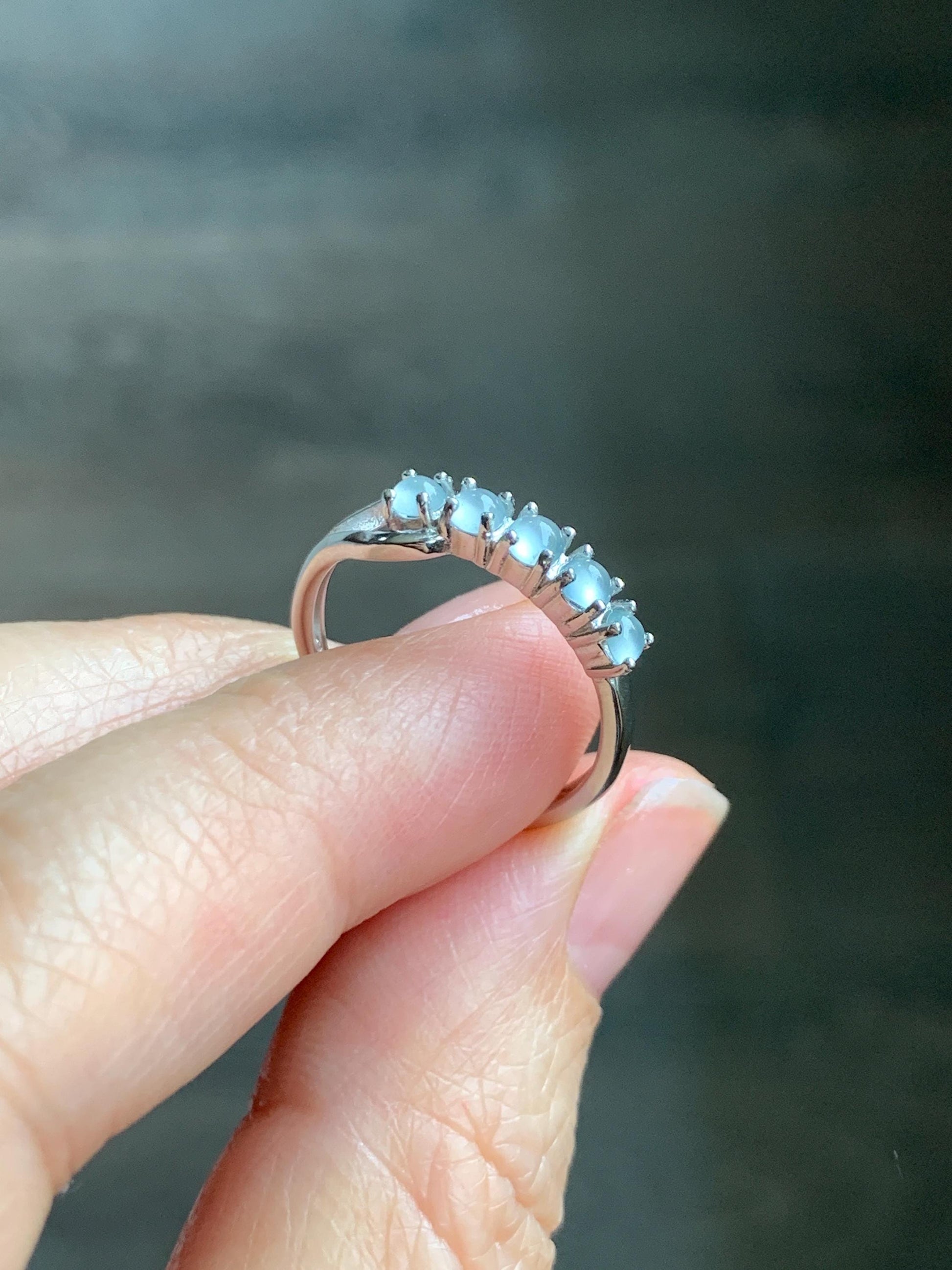Natural Grade A Guatemalan Icy Highly Translucent Pale Blue Jade Jadeite 5-Stone Band Ring Sterling Silver Size Adjustable 天然冰危淡蓝翡翠排戒QWLP88