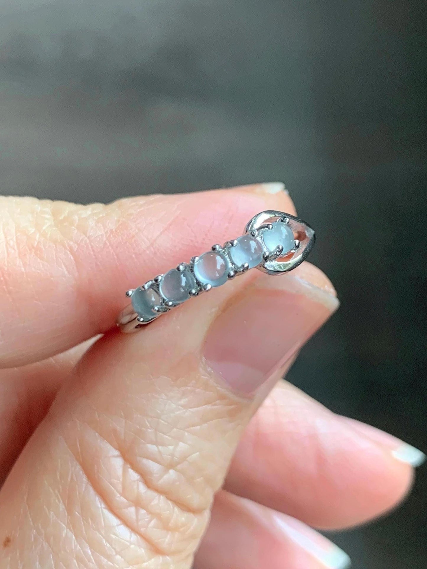 Natural Grade A Guatemalan Icy Highly Translucent Pale Blue Jade Jadeite 5-Stone Band Ring Sterling Silver Size Adjustable 天然冰危淡蓝翡翠排戒QWLP88